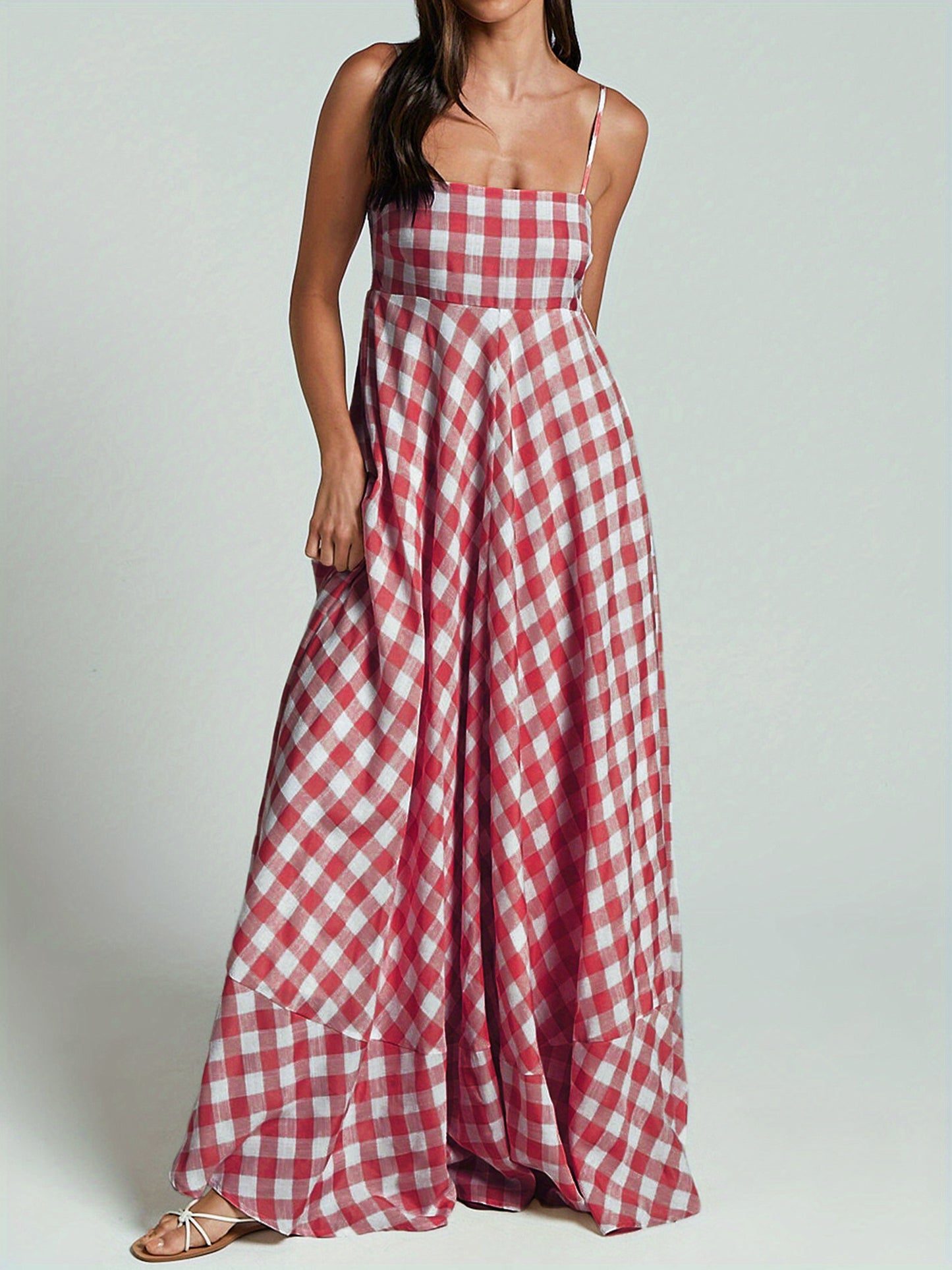 1pc Boho Chic Women'S Summer Maxi Dress - Plaid A-Line Sundress with Off the Shoulder Spaghetti Straps, Casual Polyester Knit Fabric, Flowy Swing Dress for Adults
