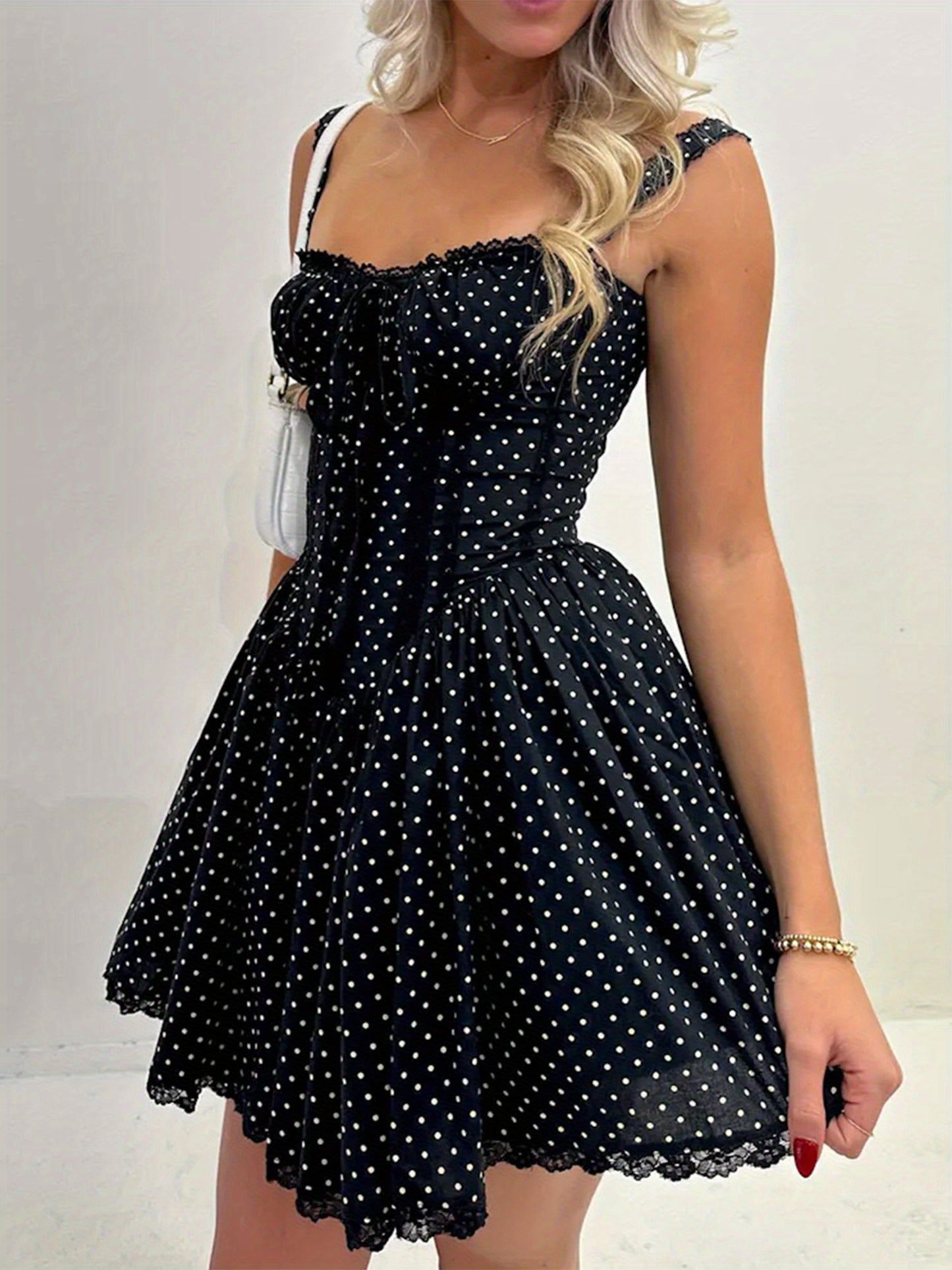 Women Spaghetti Strap Corset Dress Summer Dot Print A-Line Mini Party Dress for Cocktail Beach Streetwear