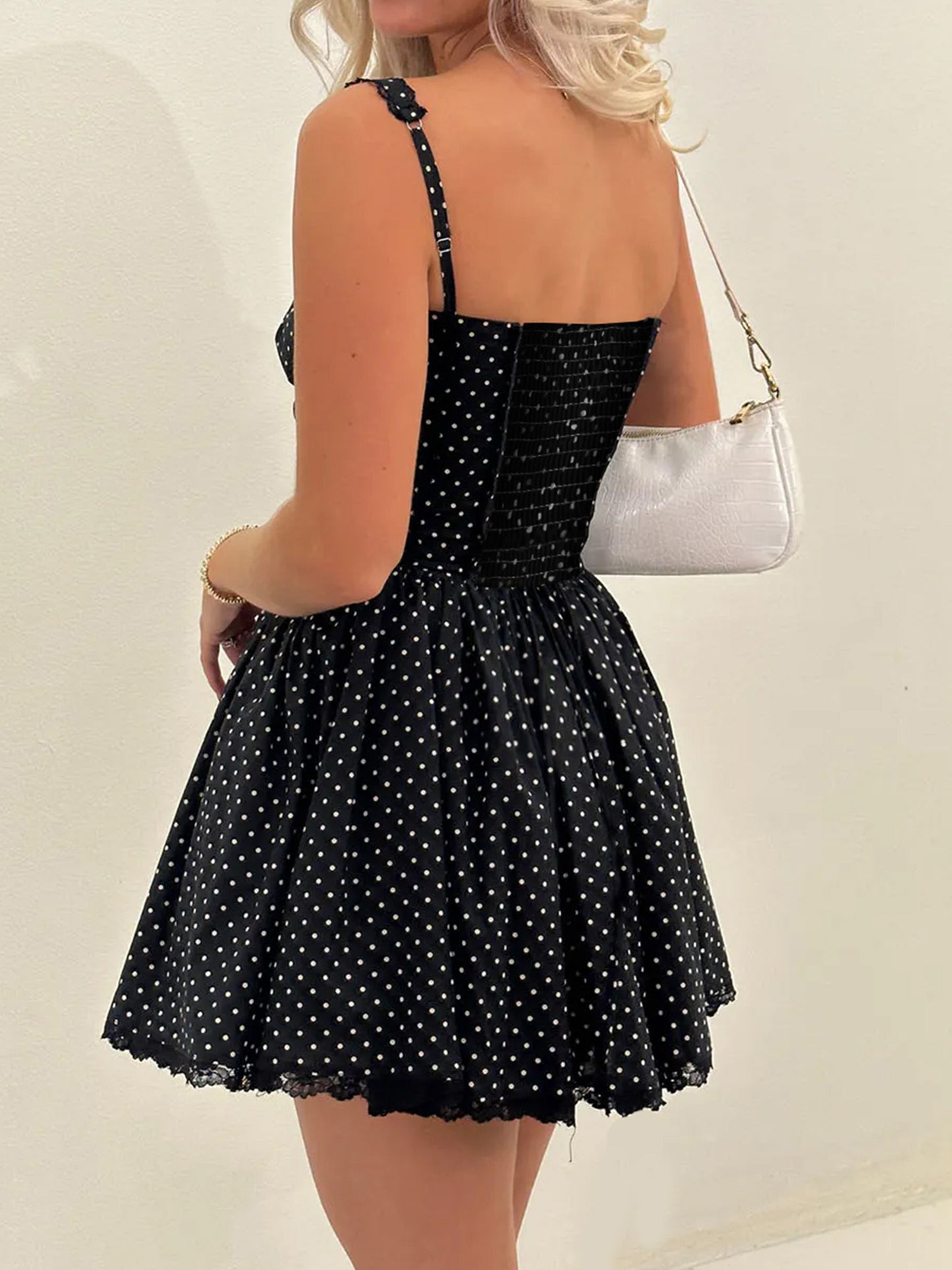 Women Spaghetti Strap Corset Dress Summer Dot Print A-Line Mini Party Dress for Cocktail Beach Streetwear