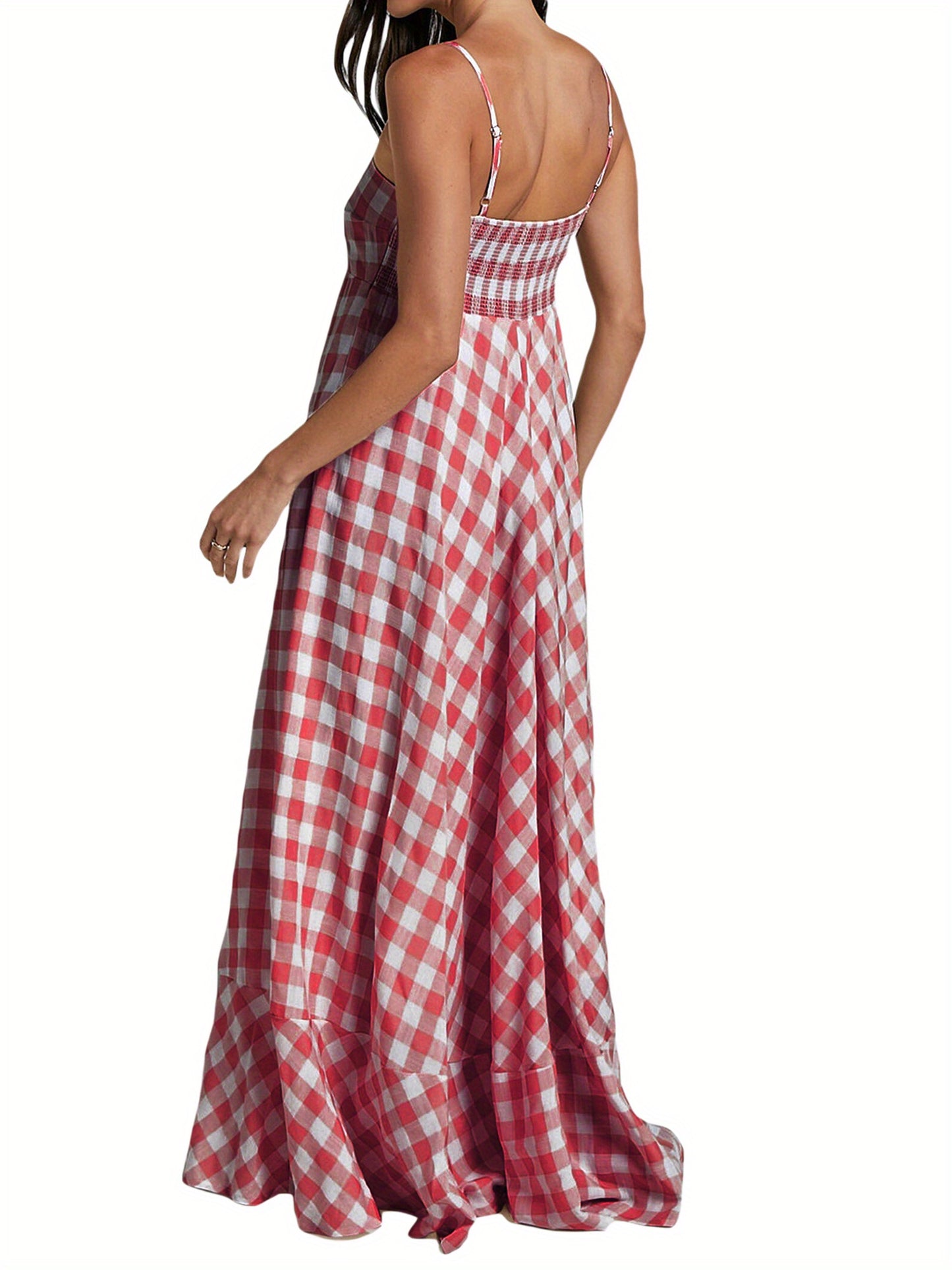 1pc Boho Chic Women'S Summer Maxi Dress - Plaid A-Line Sundress with Off the Shoulder Spaghetti Straps, Casual Polyester Knit Fabric, Flowy Swing Dress for Adults