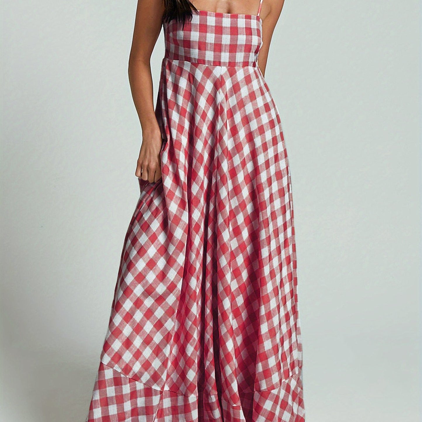 1pc Boho Chic Women'S Summer Maxi Dress - Plaid A-Line Sundress with Off the Shoulder Spaghetti Straps, Casual Polyester Knit Fabric, Flowy Swing Dress for Adults