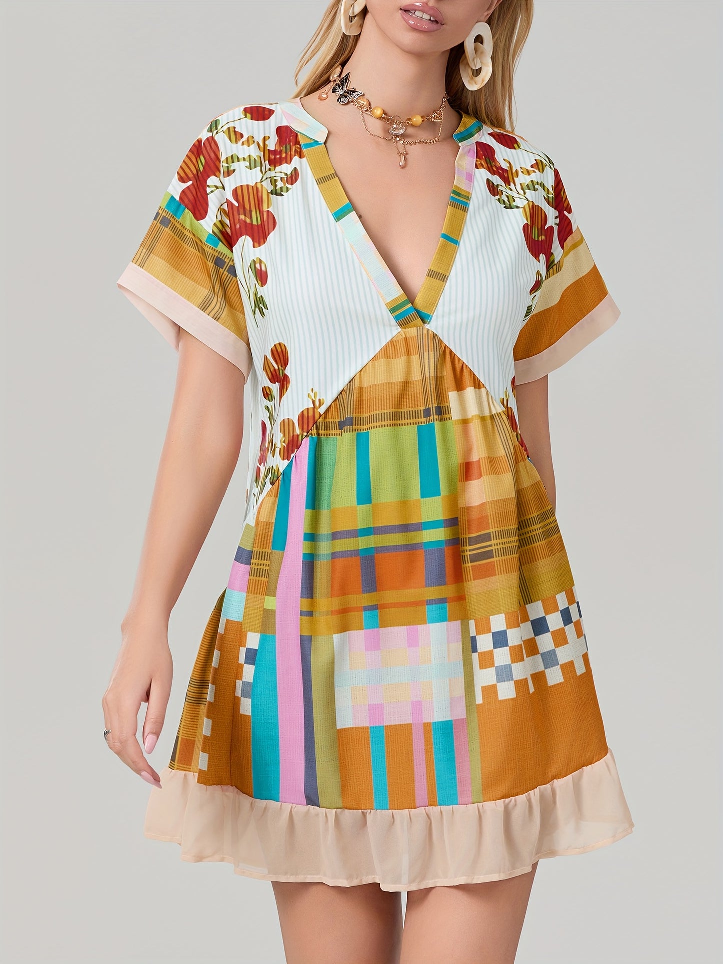 Women'S Bohemian Floral Print V-Neck Short Sleeve Dress with Pockets - Flowy A-Line Mini Dress in Red, Beige & Blue, Perfect for Summer & Casual Outings, Bohemian Dress