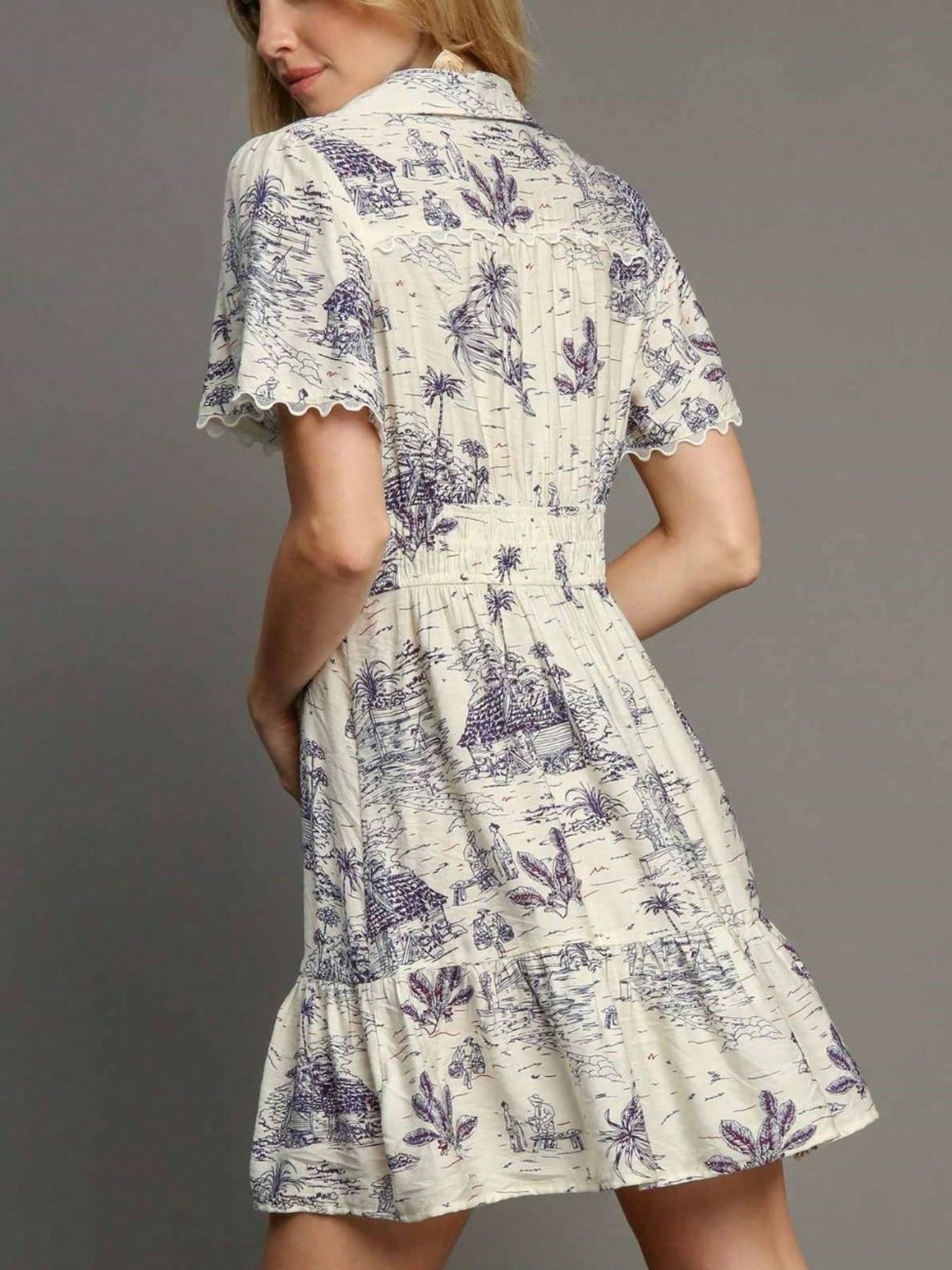 Womens Casual Tropical Print Chic Vintage Hawaiian Palm Tree Pattern Ruffle Hem Mini Dress White Navy Floral Short Sleeve Collared V Neck Lightweight Flowy Summer Beach Vacation Party