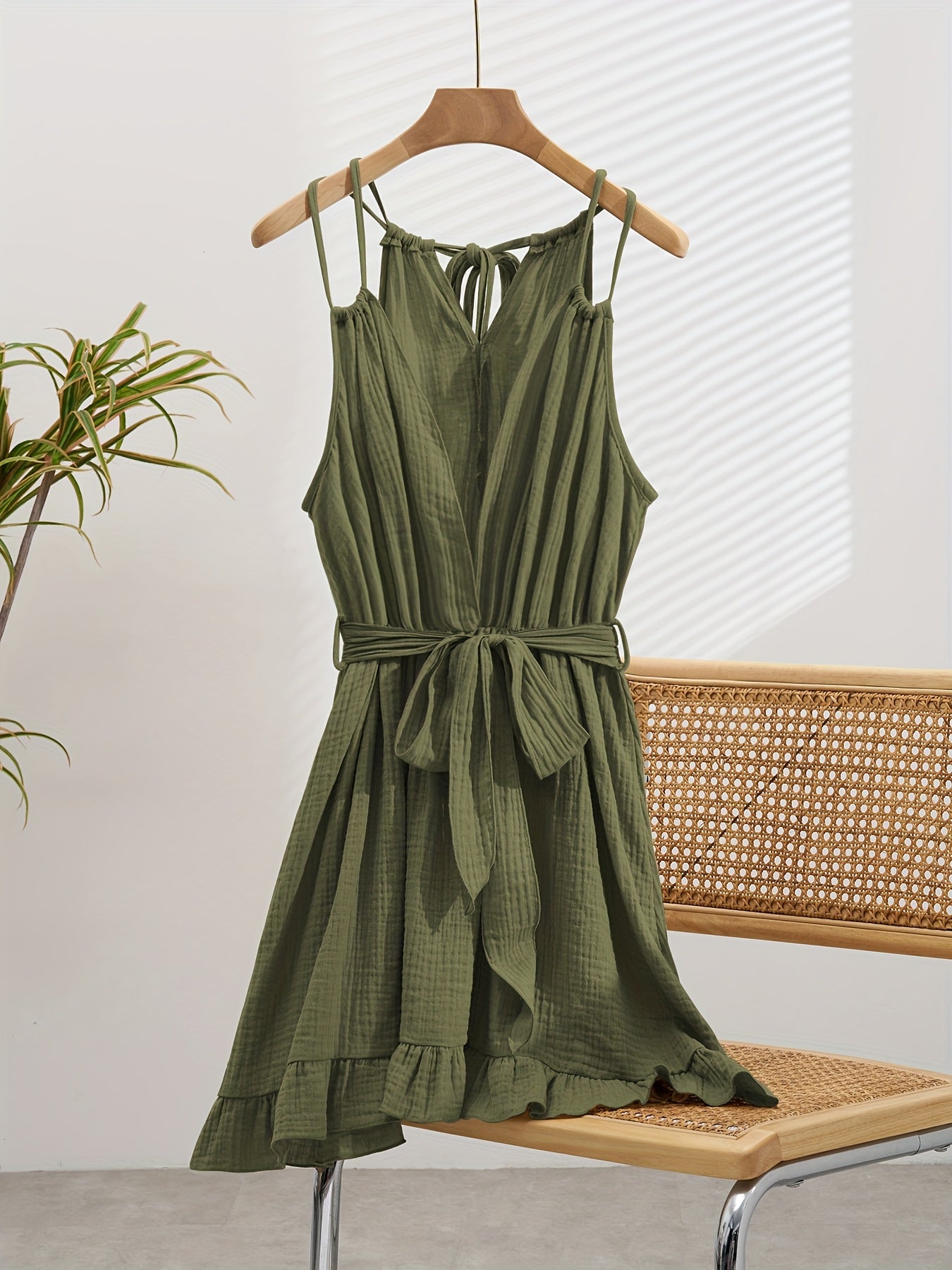 Women's Bohemian Style Solid Color Spaghetti Strap Casual Mini Dress