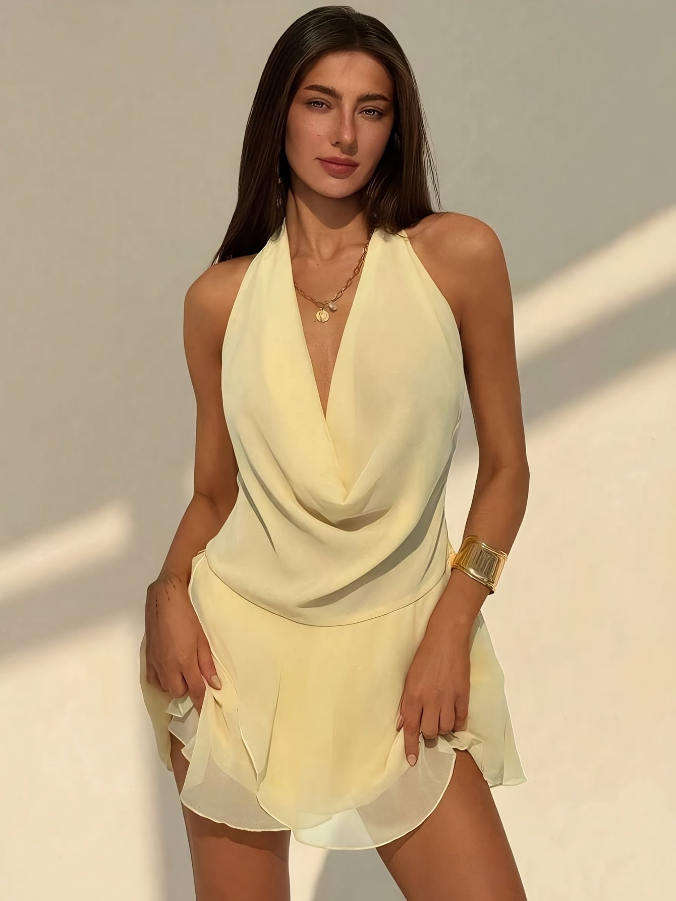 Chic Off-Shoulder Halter Dress - Sleeveless Ruched Beach Dress with Tie-Back Detail, Solid Color, Perfect for Summer Parties, Casual Outings & Streetwear, Beach Dress