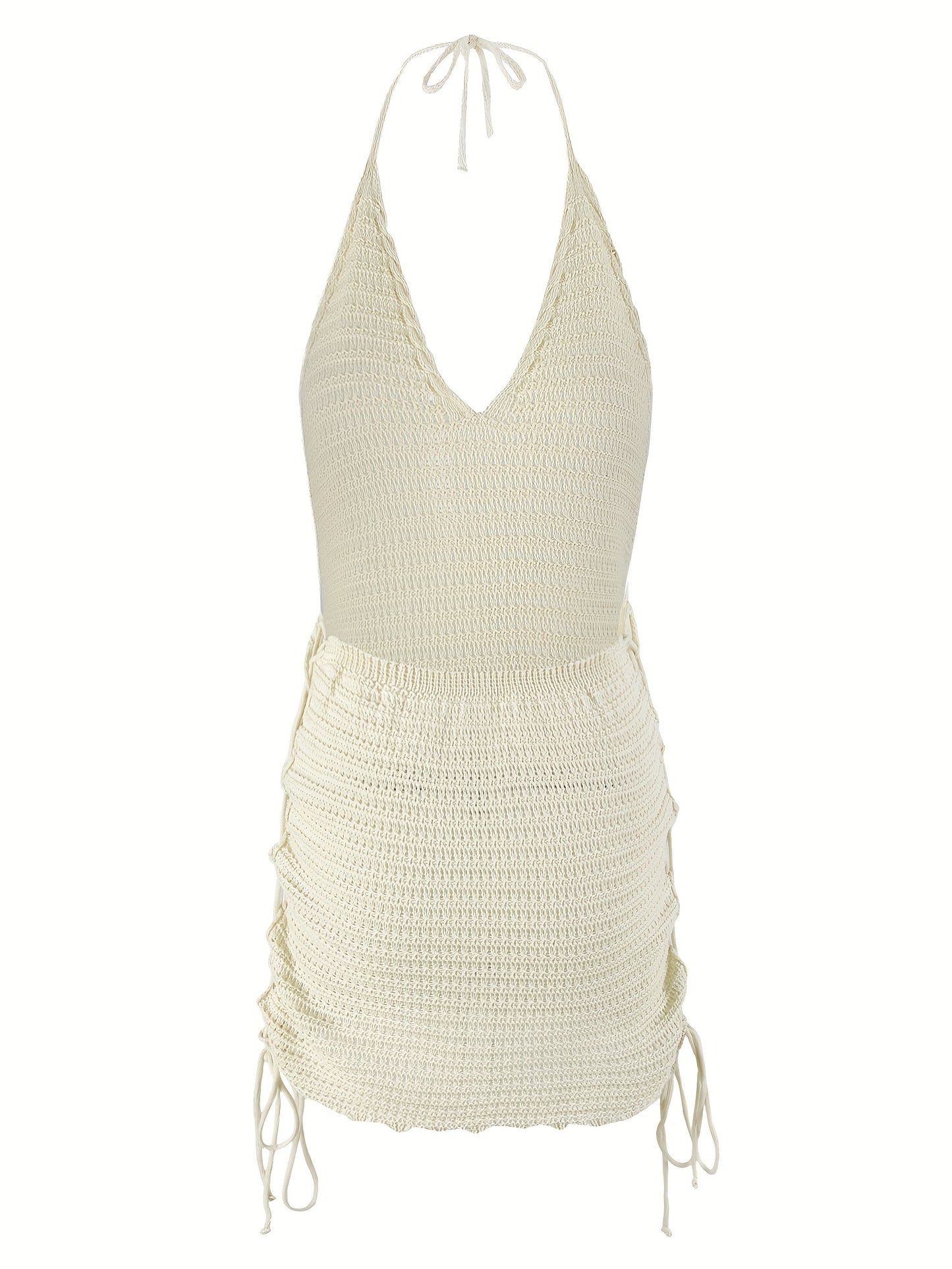 Women'S Elegant Knit Halter Deep V-Neck Mini Dress - Beige, Sleeveless, Side Cross Straps, Polyester, Perfect for Beach Vacation, Beach Vacation Dress | Elegant Mini Dress | Knit Fabric Dress