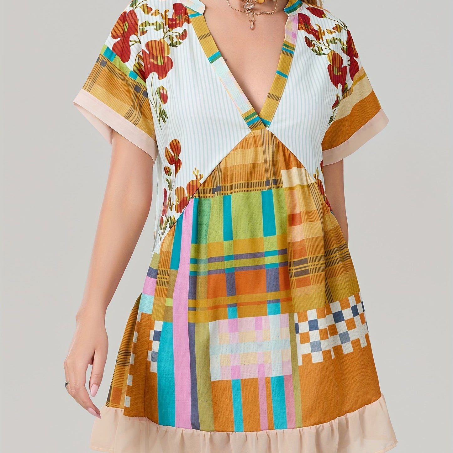 Women'S Bohemian Floral Print V-Neck Short Sleeve Dress with Pockets - Flowy A-Line Mini Dress in Red, Beige & Blue, Perfect for Summer & Casual Outings, Bohemian Dress