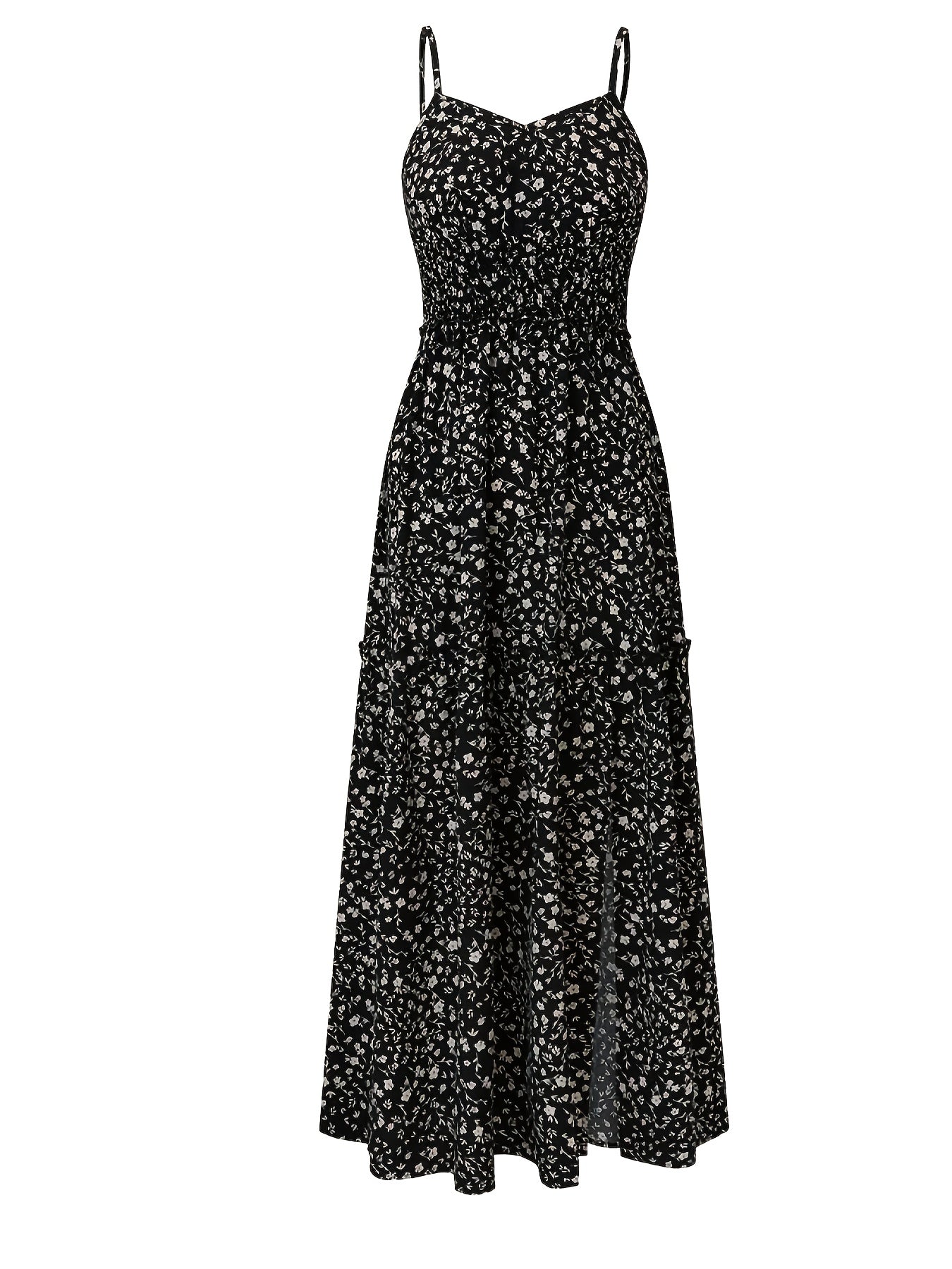 Chic Floral Print Maxi Dress with High Slit - Elegant Sleeveless, Black Floral Pattern, Perfect for Spring\u002FSummer\u002FFall, Vacation & Stylish Outfits, Vacation Dress|Floral Print Dress|Sleeveless Desig