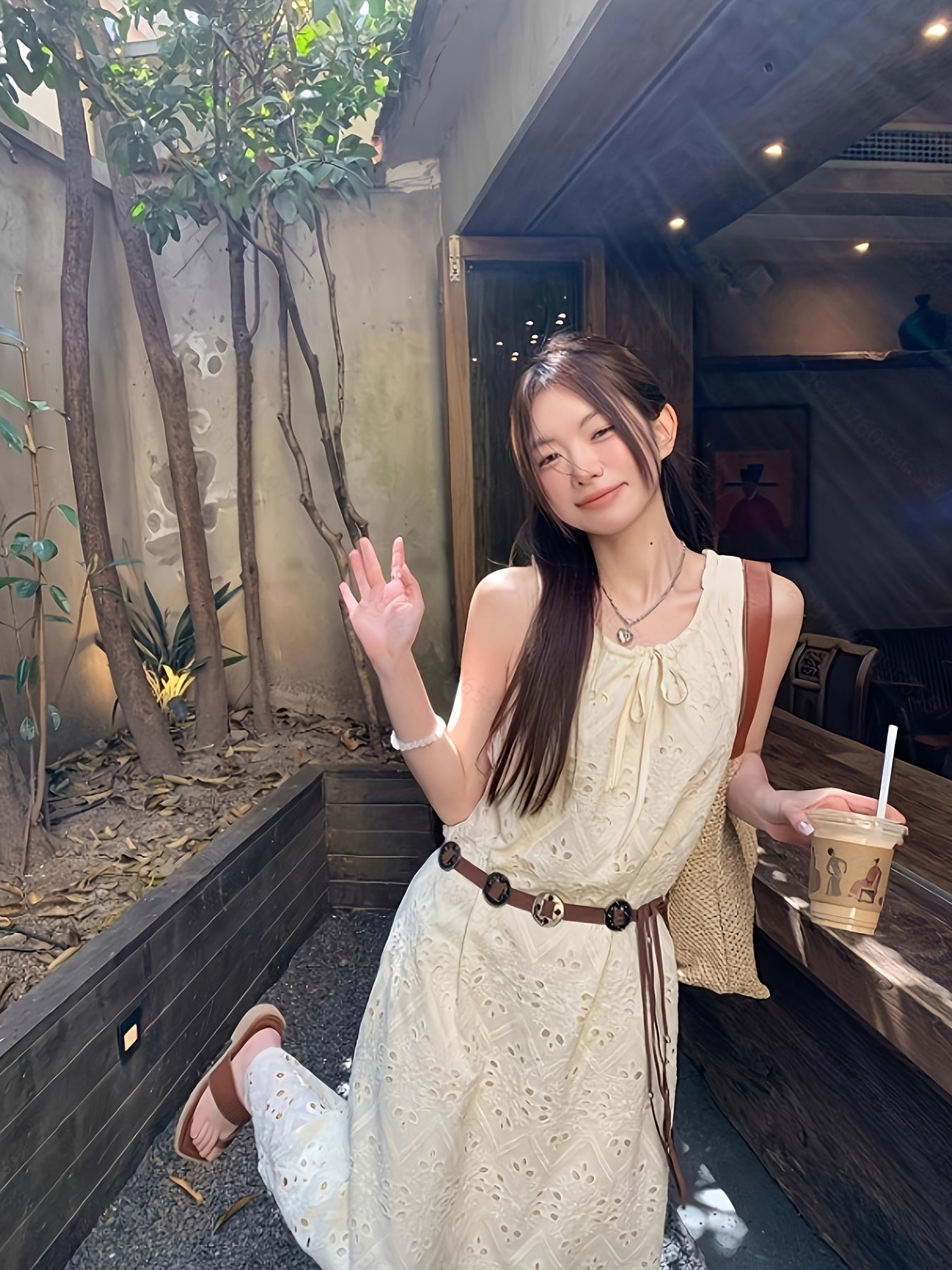 Korean Style Chic Lace Embroidered Tie-Back Midi Dress for Women - Sleeveless, Loose Fit, Summer Casual Wear with Bonus Belt, No Padding, Korean Fashion|Trendy Midi|Lace Detailing, Cute Dresses