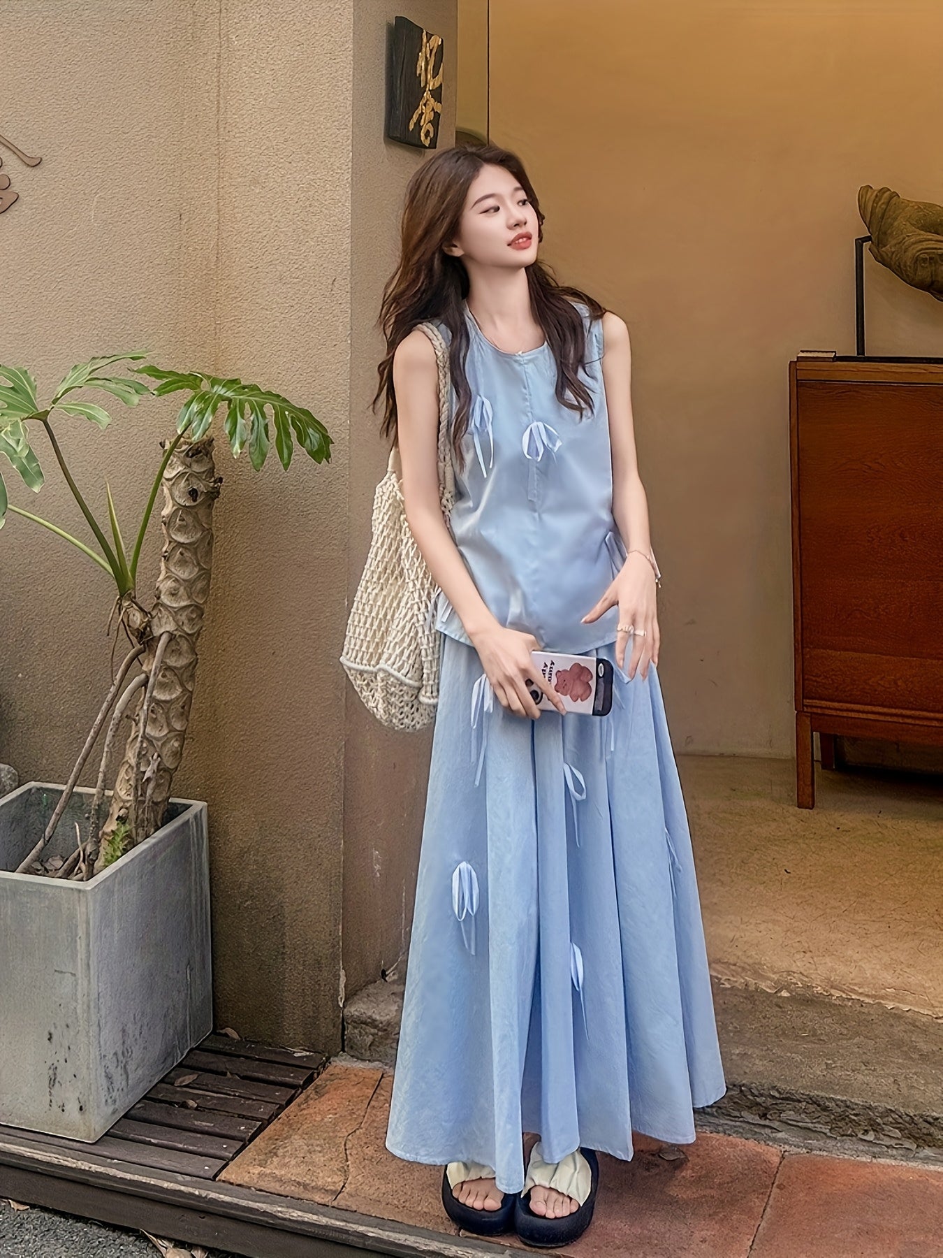 Blue French Bow Sleeveless Two-Piece Set - Women's Summer Skirt Suit