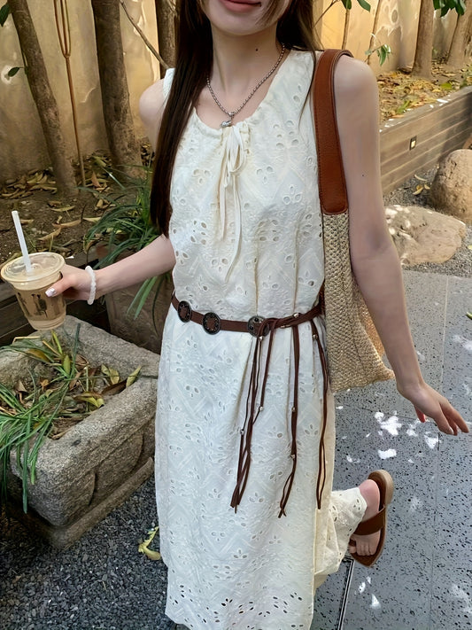 Korean Style Chic Lace Embroidered Tie-Back Midi Dress for Women - Sleeveless, Loose Fit, Summer Casual Wear with Bonus Belt, No Padding, Korean Fashion|Trendy Midi|Lace Detailing, Cute Dresses