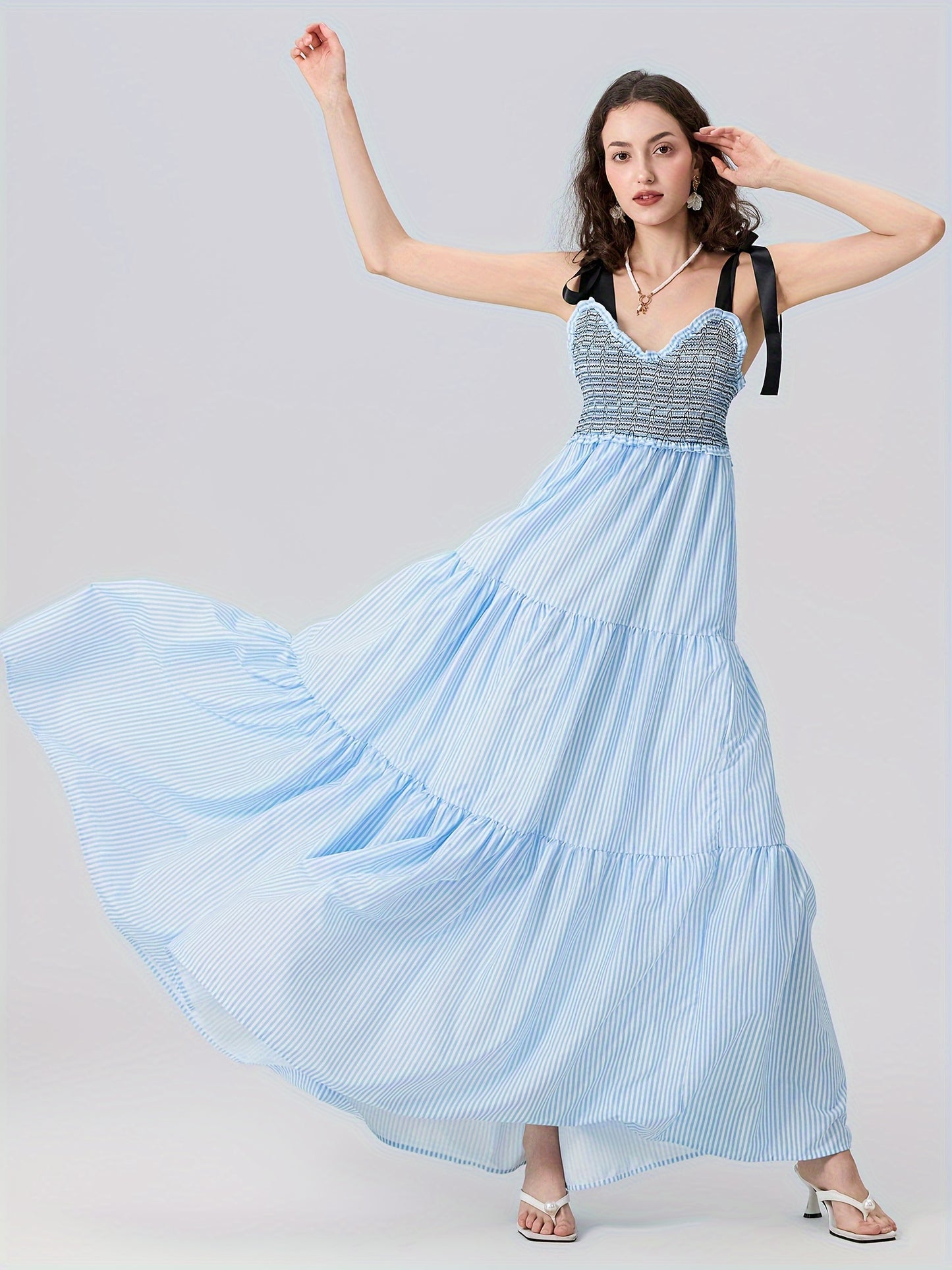 Women'S Sleeveless Ruffle Tiered Maxi Dress - Polyester and Spandex Blend with Striped Print, Spaghetti Strap, A-Line Skirt for Vacation, Spring\u002FSummer\u002FFall