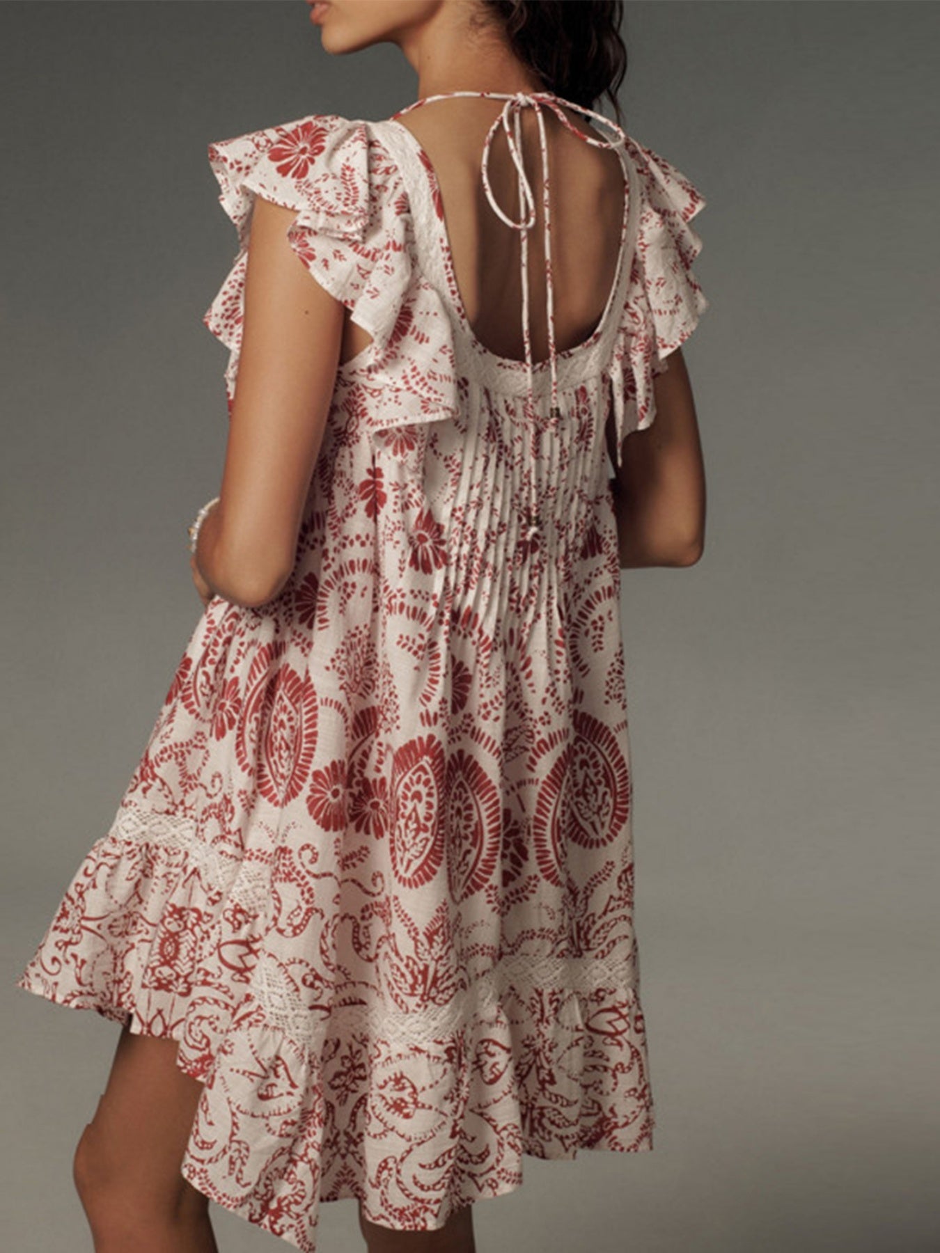 Women'S Floral Mini Dress Flutter Cap Sleeve Square Neck Babydoll Dress Bohemian Short Dress