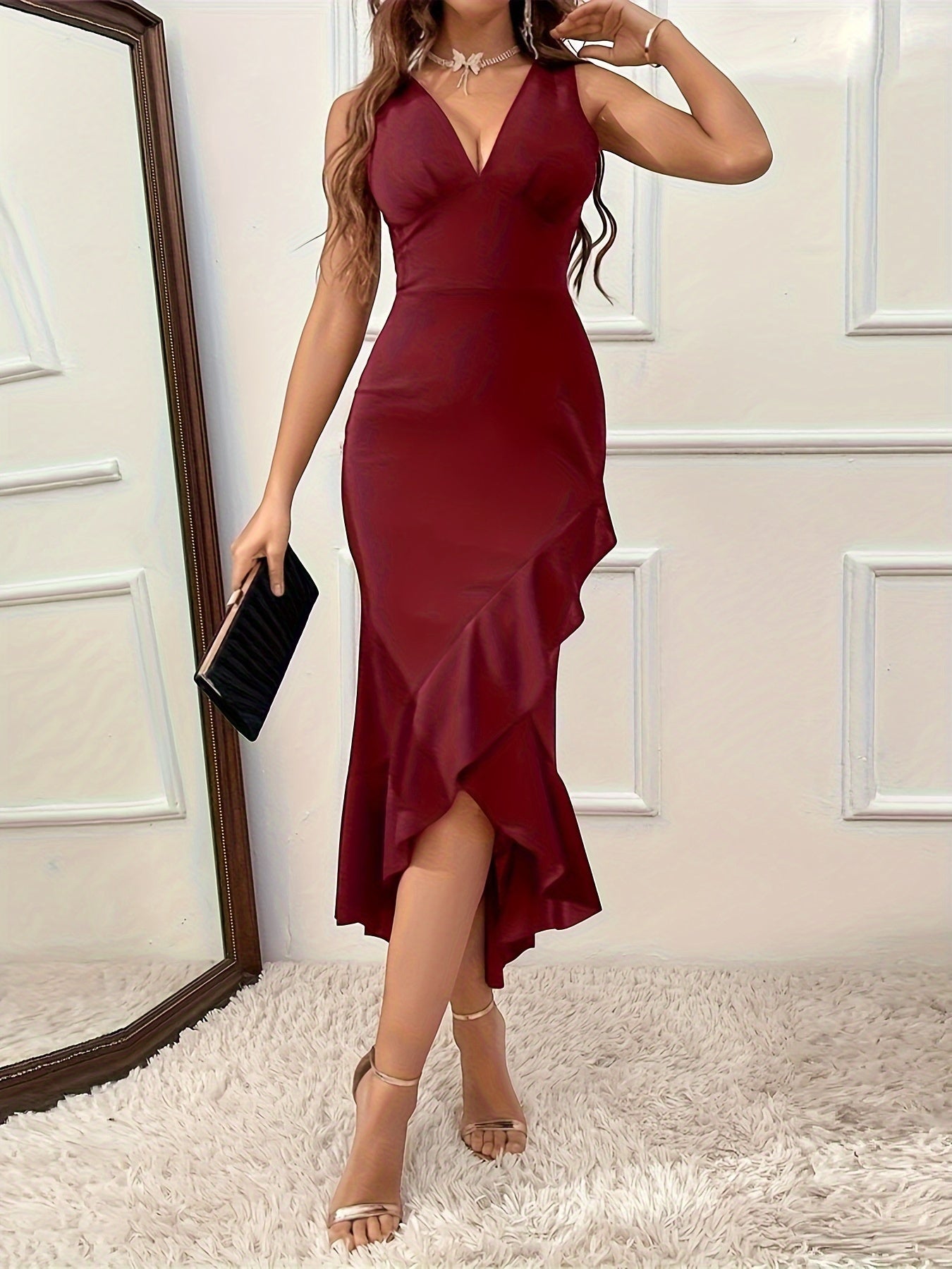 Women's Elegant V-Neck Ruffled Sleeveless Bodycon Dress - Asymmetrical Hem Mid-Length X-Silhouette, Machine Washable Solid Black for Spring\u002FSummer Casual & Formal Occasions