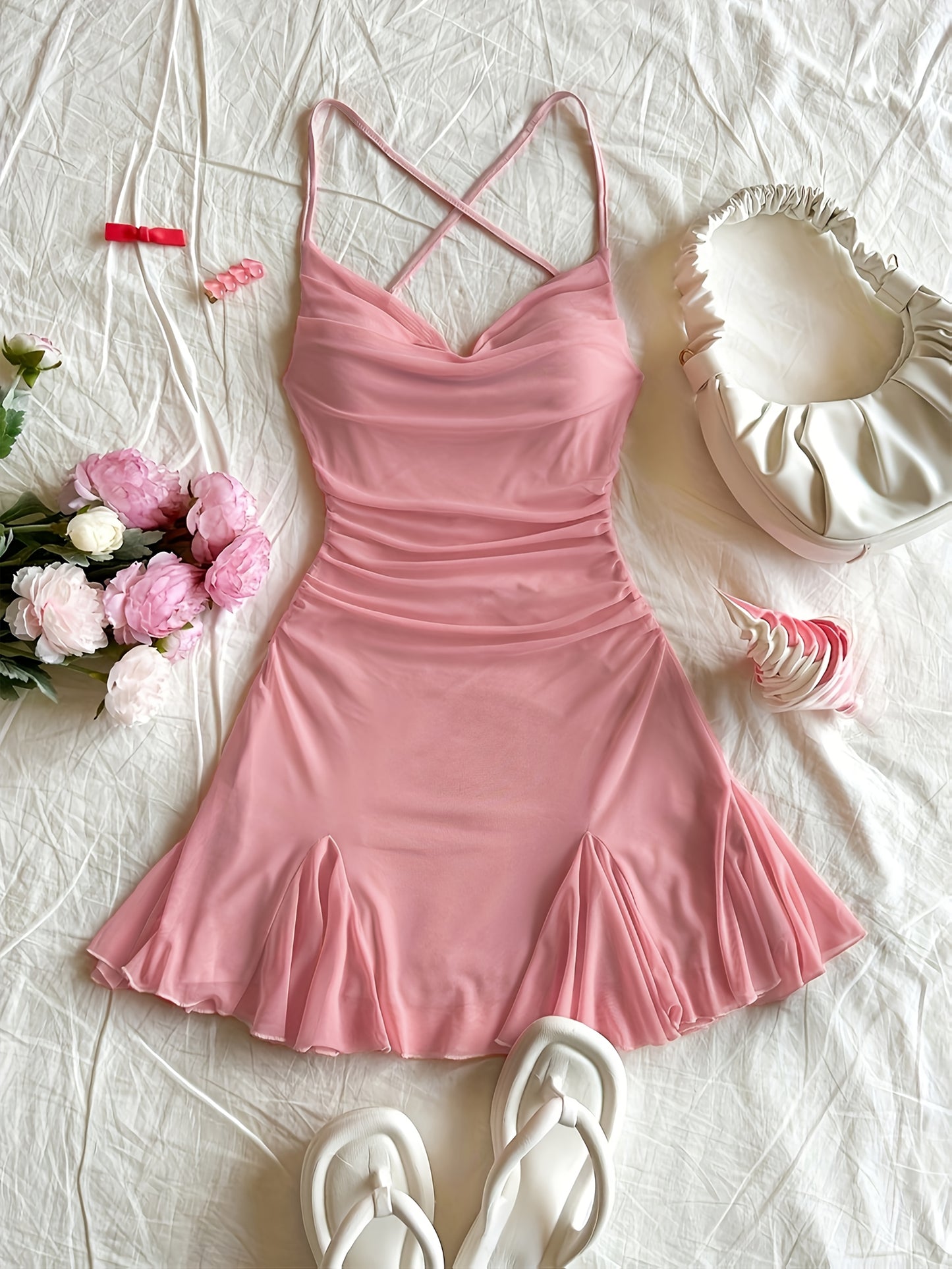 Women'S Pink Halter Neck Mini Dress with Ruched Detail - Sexy Backless Design, Sleeveless Bodycon Dress for Vacation or Casual Outings, Vacation Attire | Ruched Mini Dress | Sleeveless Fashion, Cute Dresses