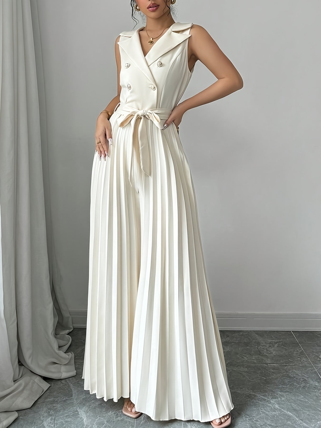 Women's Chic V-Neck Double-Breasted High-Rise Vest Jumpsuit - Beige Wide-Leg Pants, Formal & Casual Outfits - Machine Washable Non-Stretch Office to Party Jumpsuit, Ladies Rompers And Jumpsuits, Summer Outfit, Nontransparent Fabric