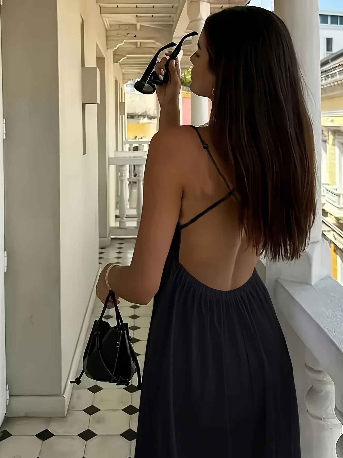 Women's Sexy Backless Evening & Party Dress - Spaghetti Strap Formal\u002FBeach Gown, Machine Washable Elegant Black Formal Attire for Women