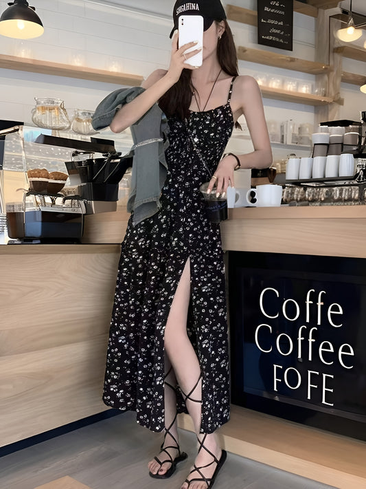 Chic Floral Print Maxi Dress with High Slit - Elegant Sleeveless, Black Floral Pattern, Perfect for Spring\u002FSummer\u002FFall, Vacation & Stylish Outfits, Vacation Dress|Floral Print Dress|Sleeveless Desig