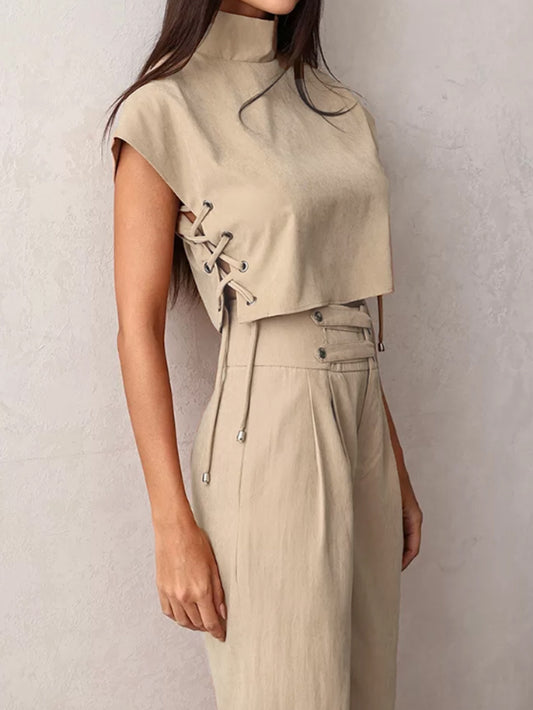 Women'S Elegant Beige Polyester Suit with Drawstring Detail - Short Sleeve, Button-Up Top & Wide-Leg Pants for Spring\u002FSummer, Casual Attire|Elegant Suit|Polyester Fabric
