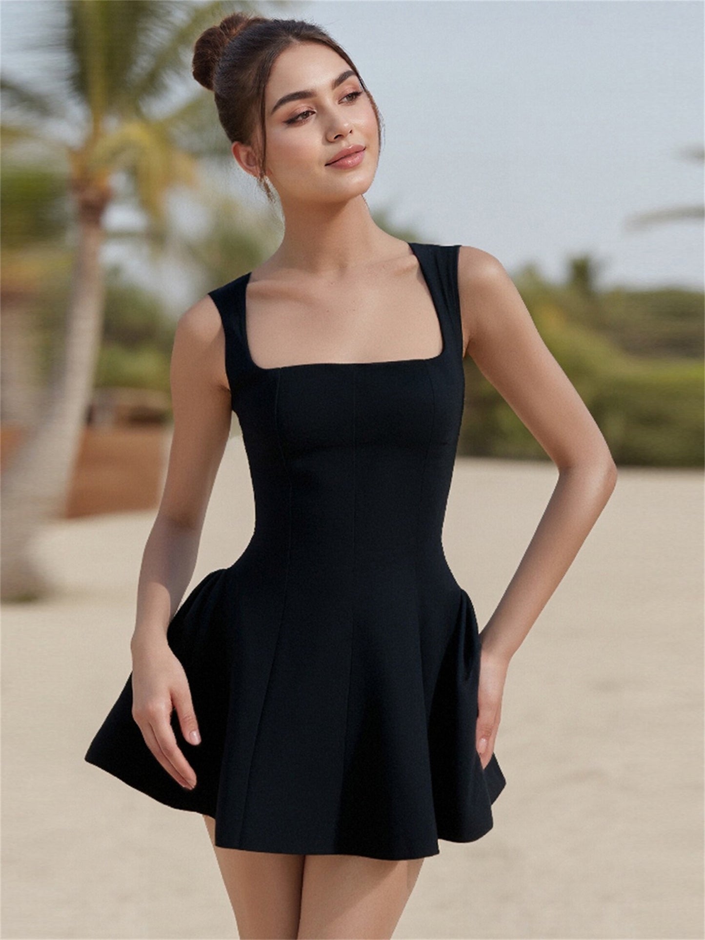 Women'S Sleeveless Mini A-Line Dress Square Neck Backless Zipper Back Ruffle Hem Elegant Solid Color Dress for Cocktail Party Wedding