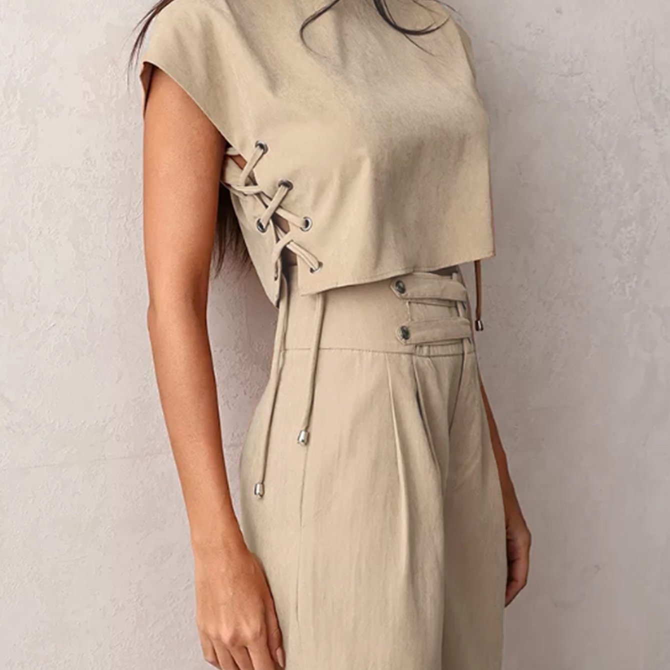 Women'S Elegant Beige Polyester Suit with Drawstring Detail - Short Sleeve, Button-Up Top & Wide-Leg Pants for Spring\u002FSummer, Casual Attire|Elegant Suit|Polyester Fabric