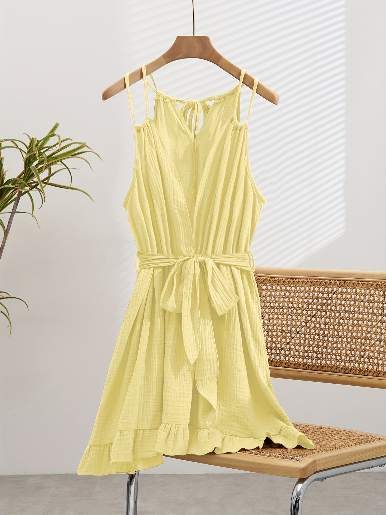 Women's Bohemian Style Solid Color Spaghetti Strap Casual Mini Dress