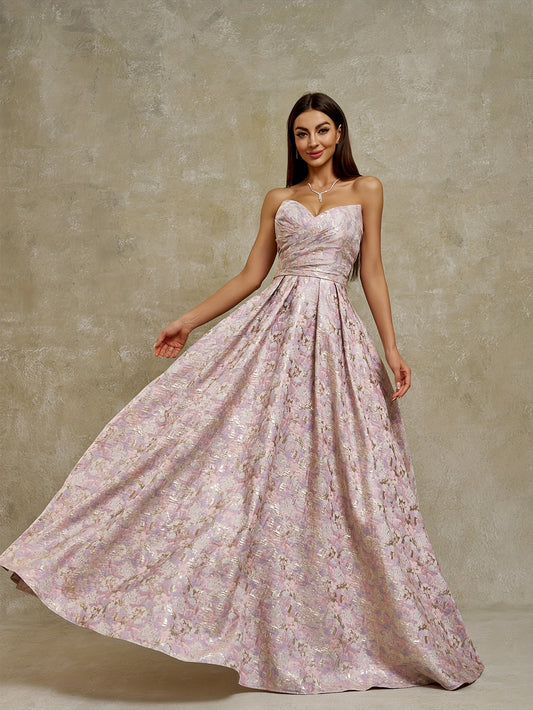 Women's Strapless Geometric Jacquard Evening Gown with Ruffled Hem - Elegant Fitted Top & Flowy Skirt, Hand Wash Only, Perfect for Weddings, Galas, Formal Parties & Family Dinners, Formal Evening Gown
