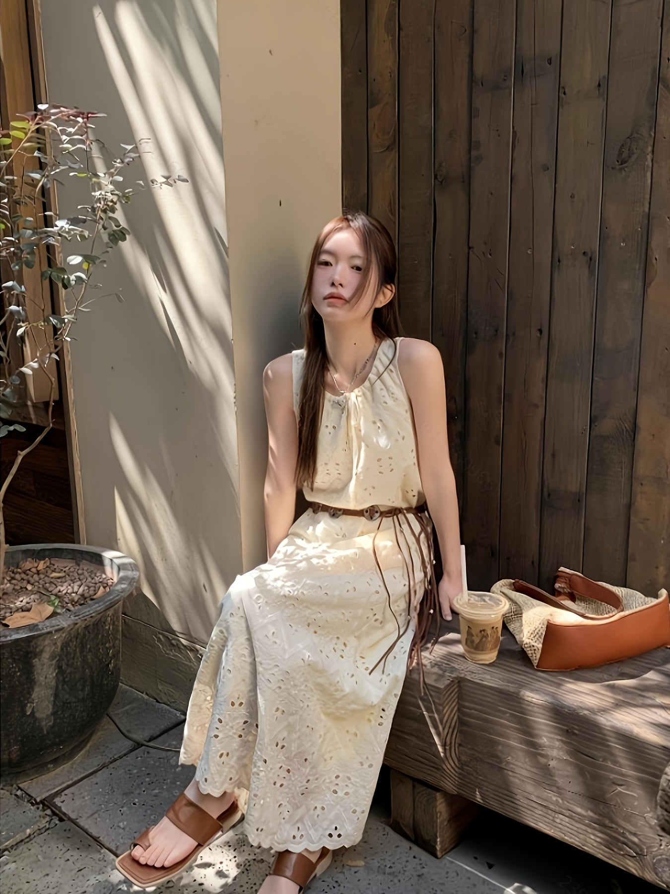 Korean Style Chic Lace Embroidered Tie-Back Midi Dress for Women - Sleeveless, Loose Fit, Summer Casual Wear with Bonus Belt, No Padding, Korean Fashion|Trendy Midi|Lace Detailing, Cute Dresses