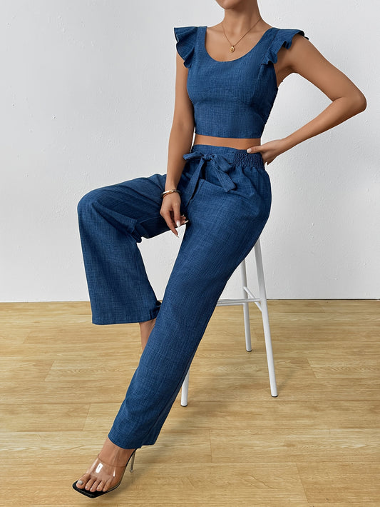 Fashionable High-Waisted Solid Color Tank Top And Wide-Leg Pants Set