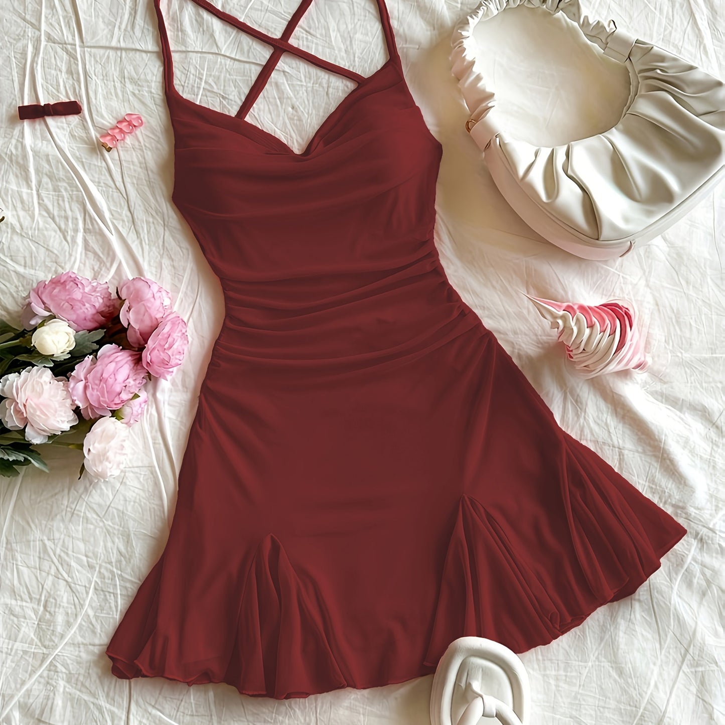 Women'S Pink Halter Neck Mini Dress with Ruched Detail - Sexy Backless Design, Sleeveless Bodycon Dress for Vacation or Casual Outings, Vacation Attire | Ruched Mini Dress | Sleeveless Fashion, Cute Dresses