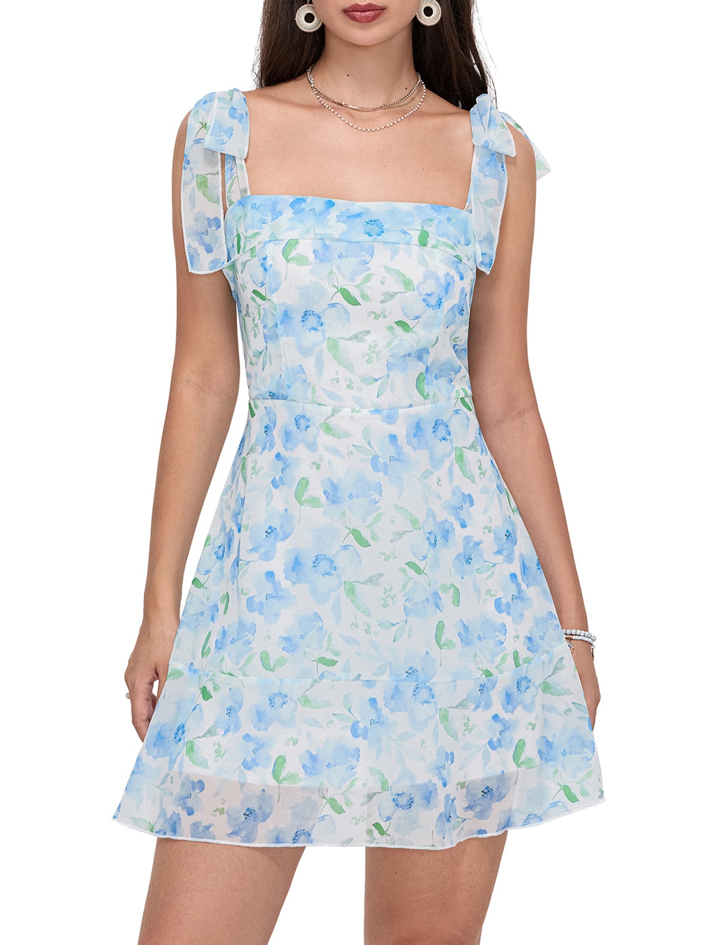 Women Summer Casual Dress Floral Print Tie-Up Shoulder Strap Mini Dress Fashion Double Layer Backless Cami Dress