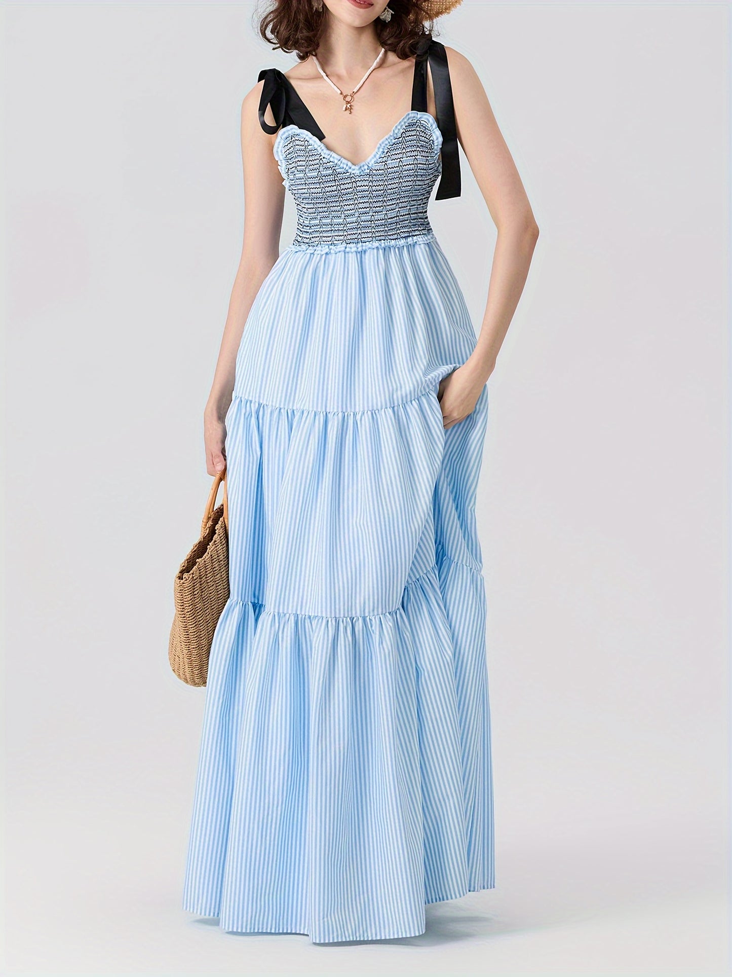 Women'S Sleeveless Ruffle Tiered Maxi Dress - Polyester and Spandex Blend with Striped Print, Spaghetti Strap, A-Line Skirt for Vacation, Spring\u002FSummer\u002FFall