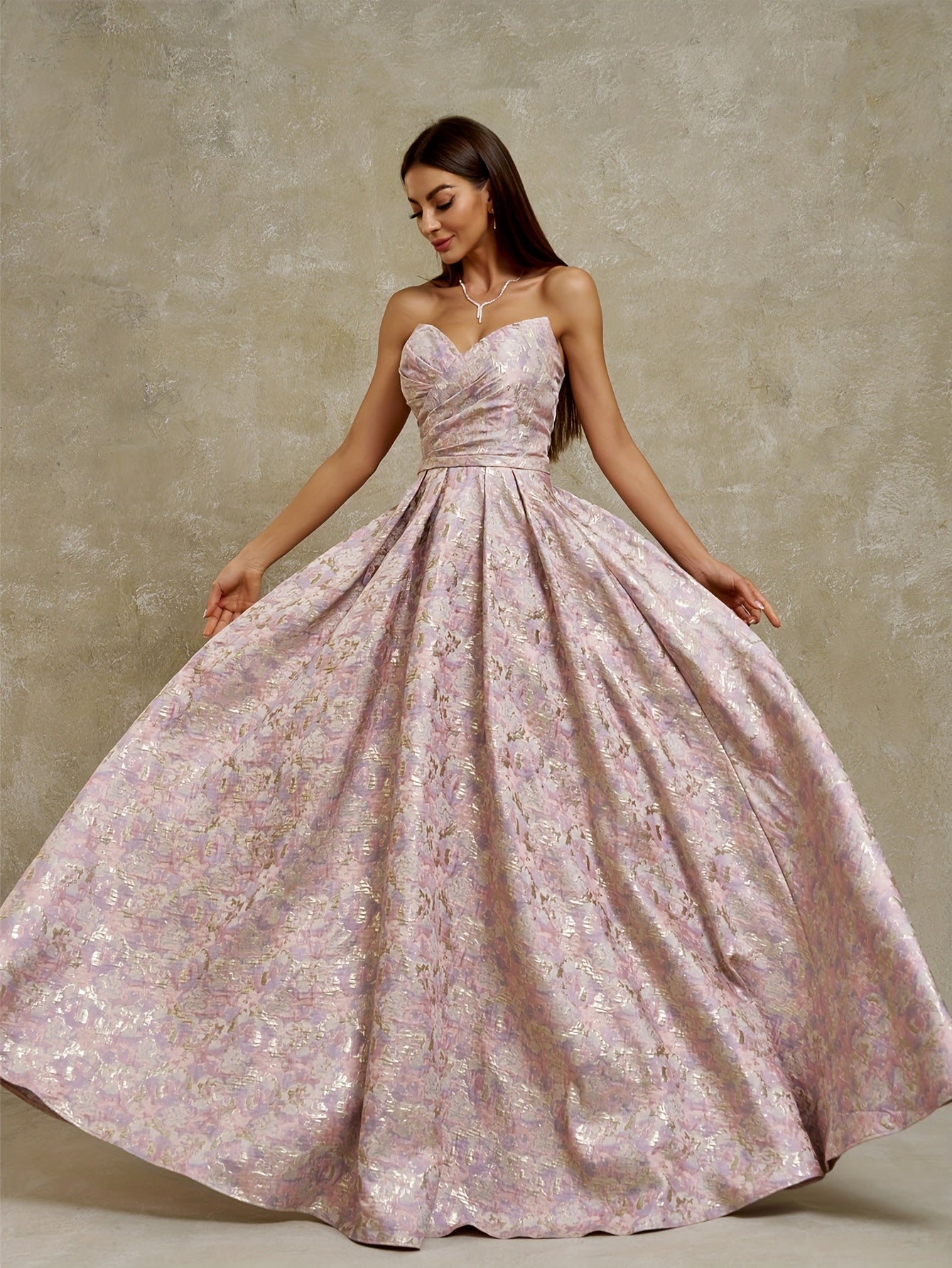 Women's Strapless Geometric Jacquard Evening Gown with Ruffled Hem - Elegant Fitted Top & Flowy Skirt, Hand Wash Only, Perfect for Weddings, Galas, Formal Parties & Family Dinners, Formal Evening Gown