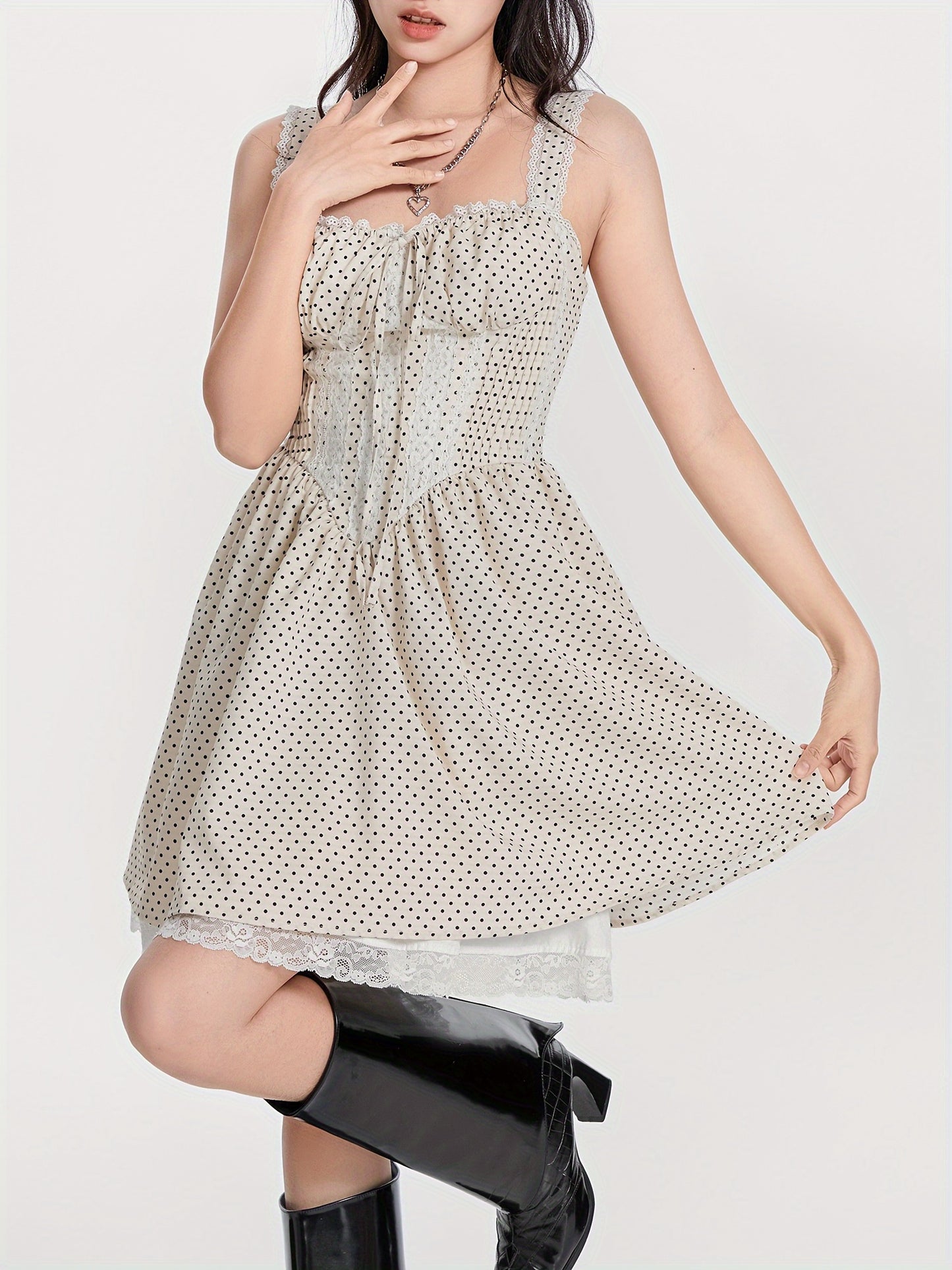 Women Spaghetti Strap Corset Dress Summer Dot Print A-Line Mini Party Dress for Cocktail Beach Streetwear