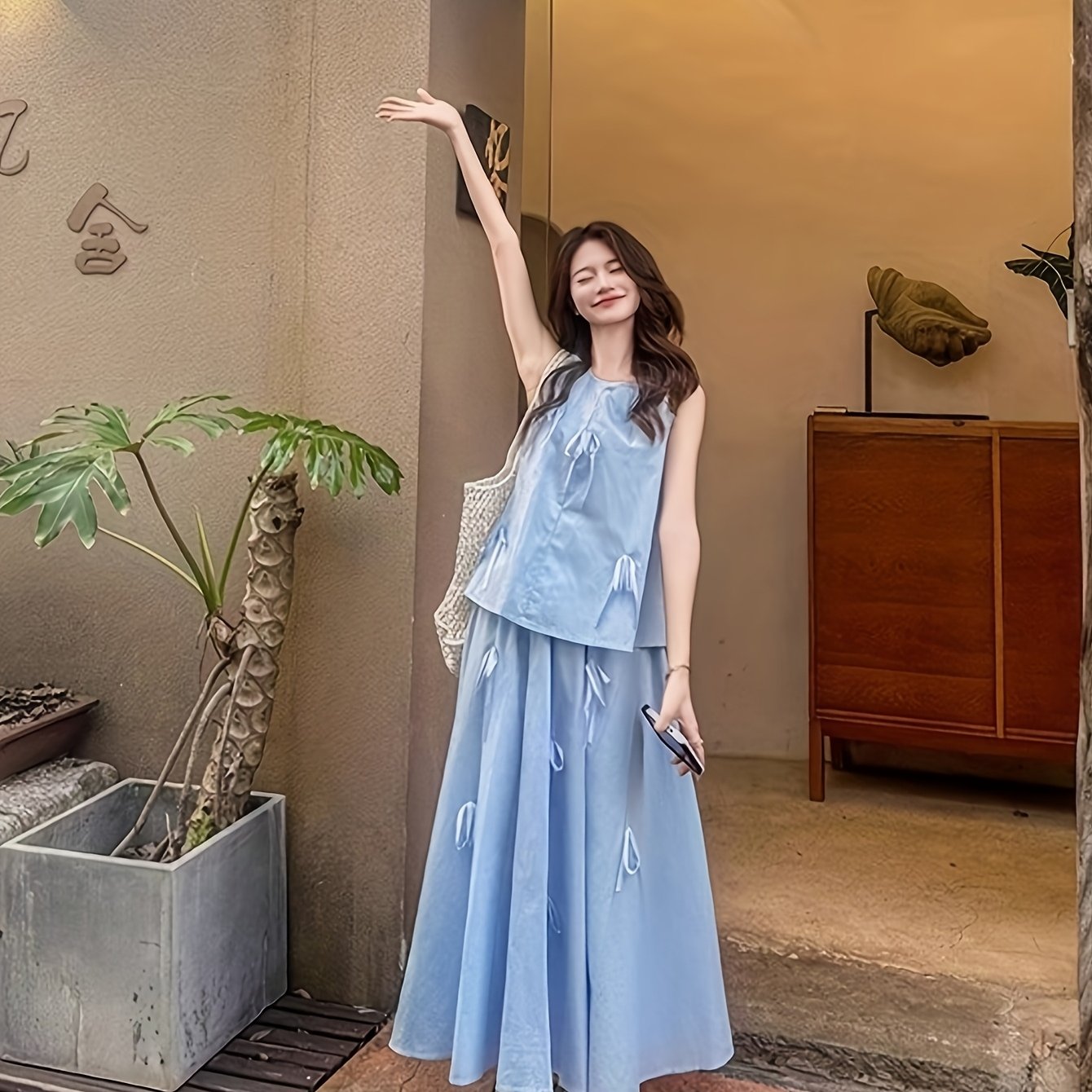 Blue French Bow Sleeveless Two-Piece Set - Women's Summer Skirt Suit