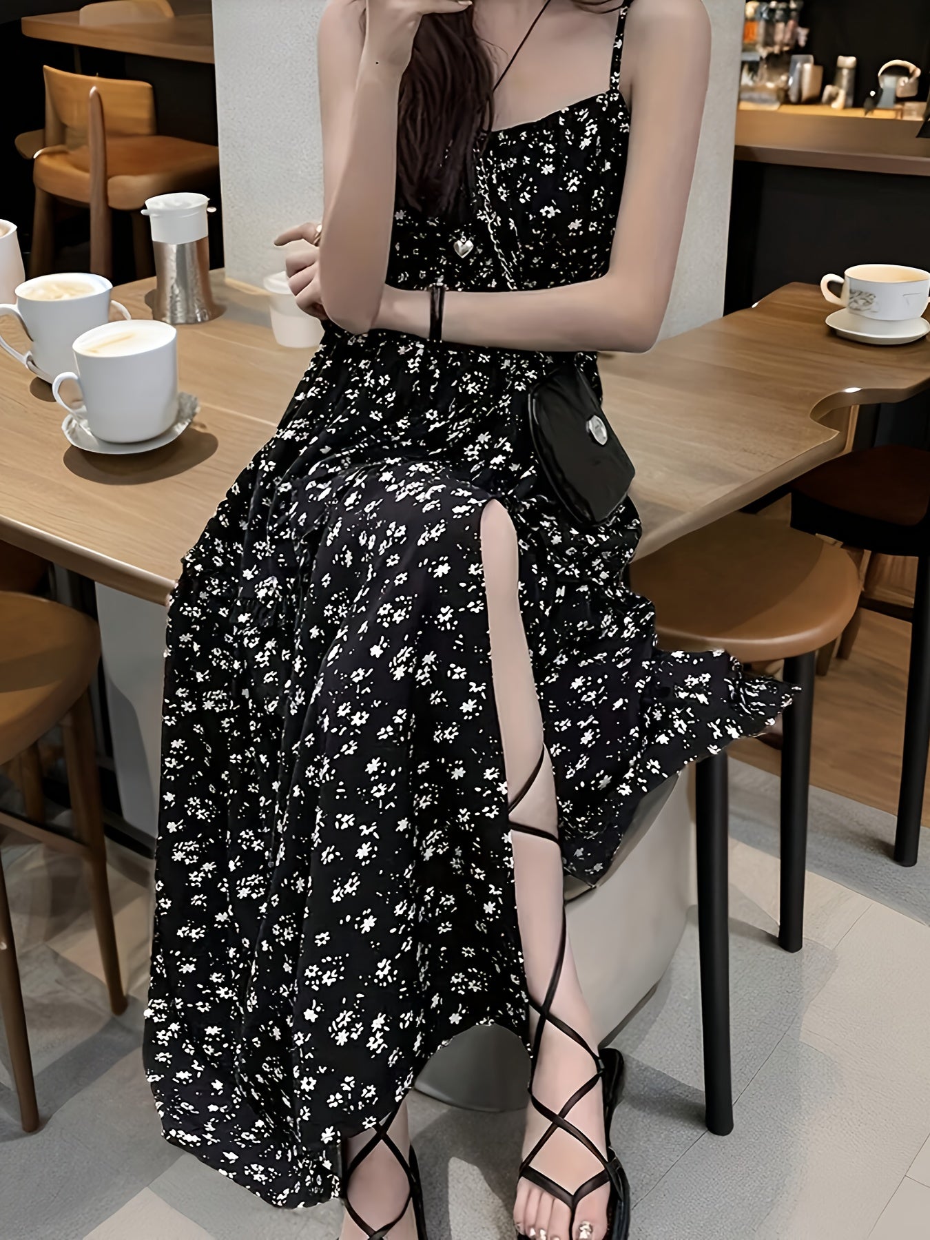 Chic Floral Print Maxi Dress with High Slit - Elegant Sleeveless, Black Floral Pattern, Perfect for Spring\u002FSummer\u002FFall, Vacation & Stylish Outfits, Vacation Dress|Floral Print Dress|Sleeveless Desig