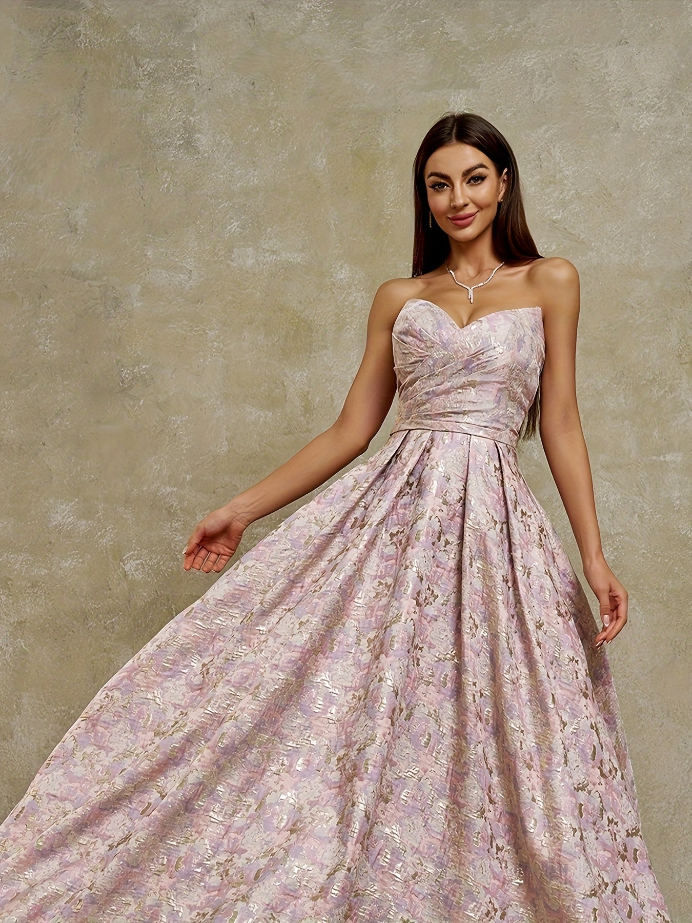 Women's Strapless Geometric Jacquard Evening Gown with Ruffled Hem - Elegant Fitted Top & Flowy Skirt, Hand Wash Only, Perfect for Weddings, Galas, Formal Parties & Family Dinners, Formal Evening Gown