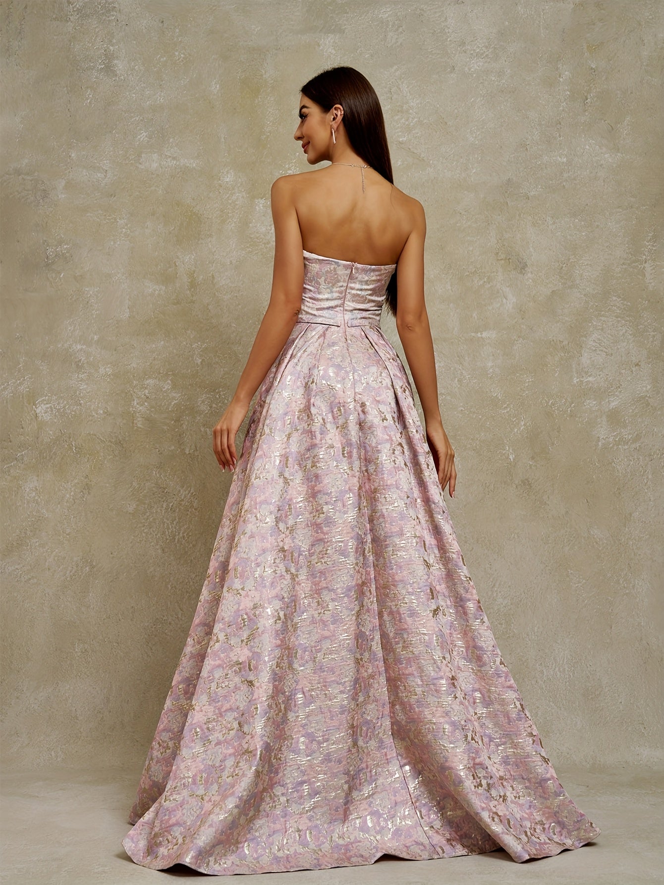 Women's Strapless Geometric Jacquard Evening Gown with Ruffled Hem - Elegant Fitted Top & Flowy Skirt, Hand Wash Only, Perfect for Weddings, Galas, Formal Parties & Family Dinners, Formal Evening Gown
