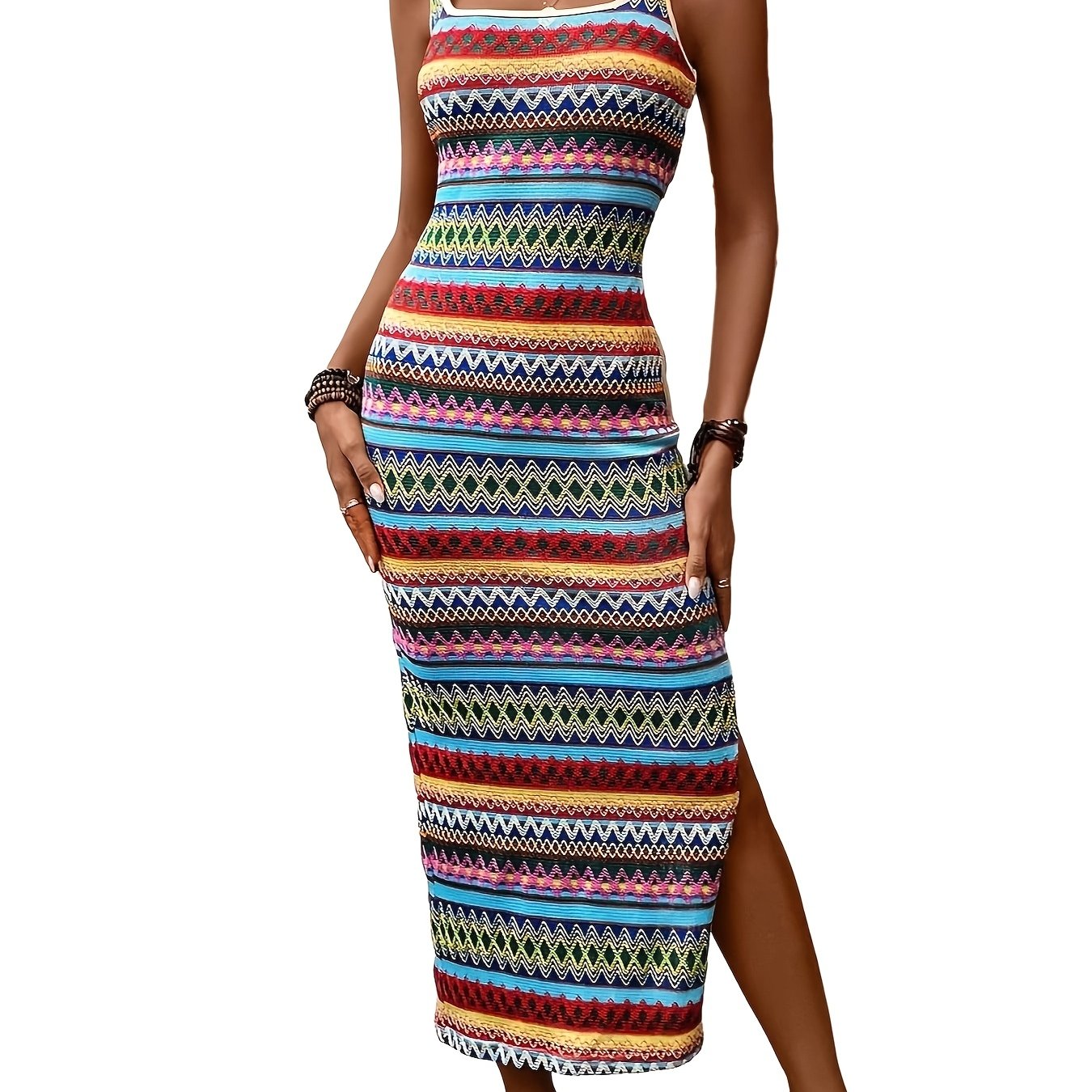 Women'S Sleeveless Fitted Jersey Dress, 95% Polyester 5% Elastane, Crew Neck, All-Season Knit Fabric, Vacation Style Printed Midi Dress for Adult