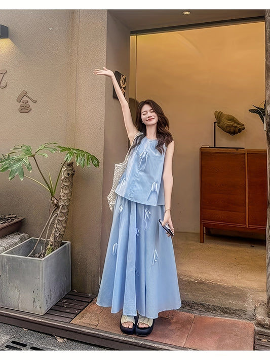Blue French Bow Sleeveless Two-Piece Set - Women's Summer Skirt Suit