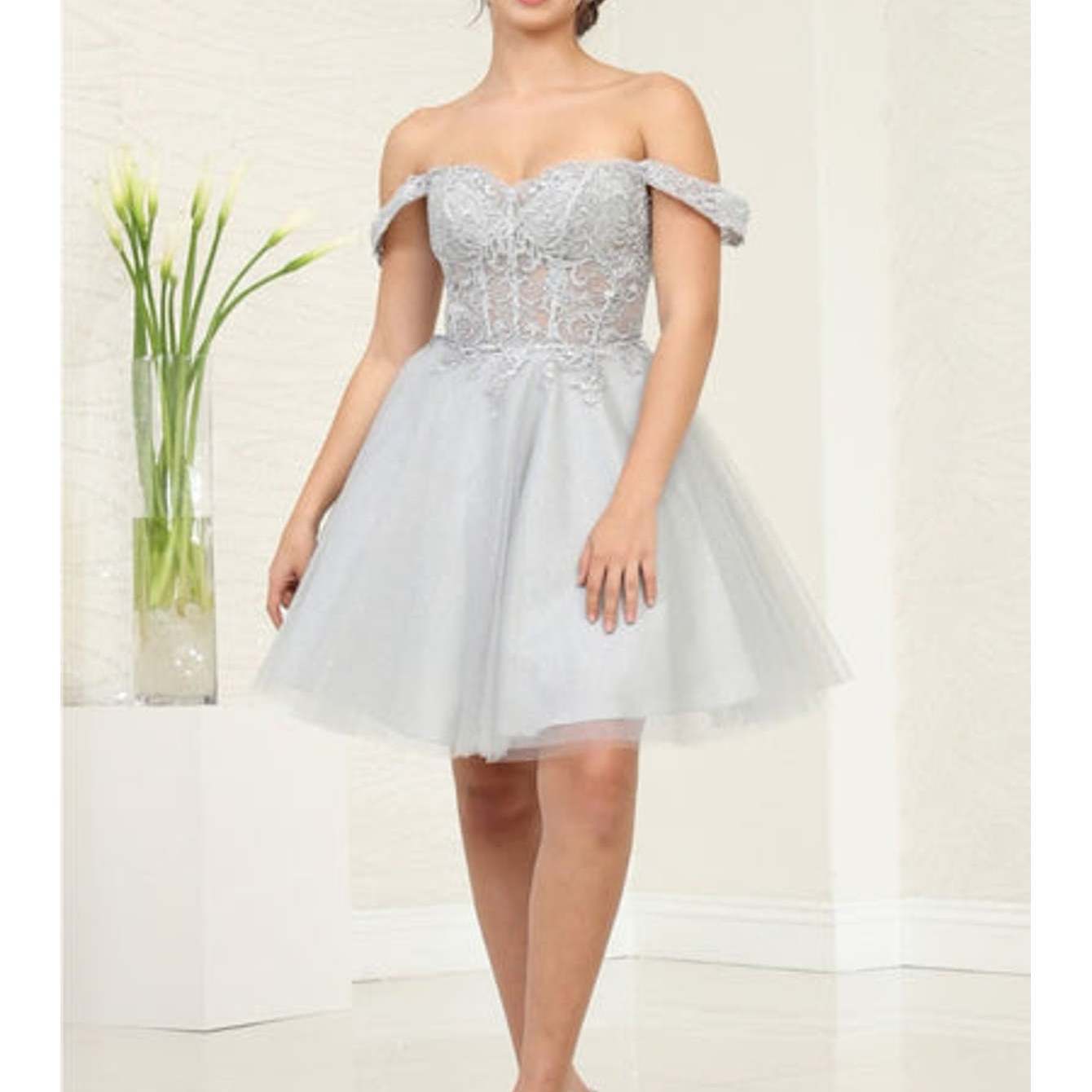 Off-Shoulder Short A-Line Glitter Tulle Cocktail Dress with Lace Corset Back