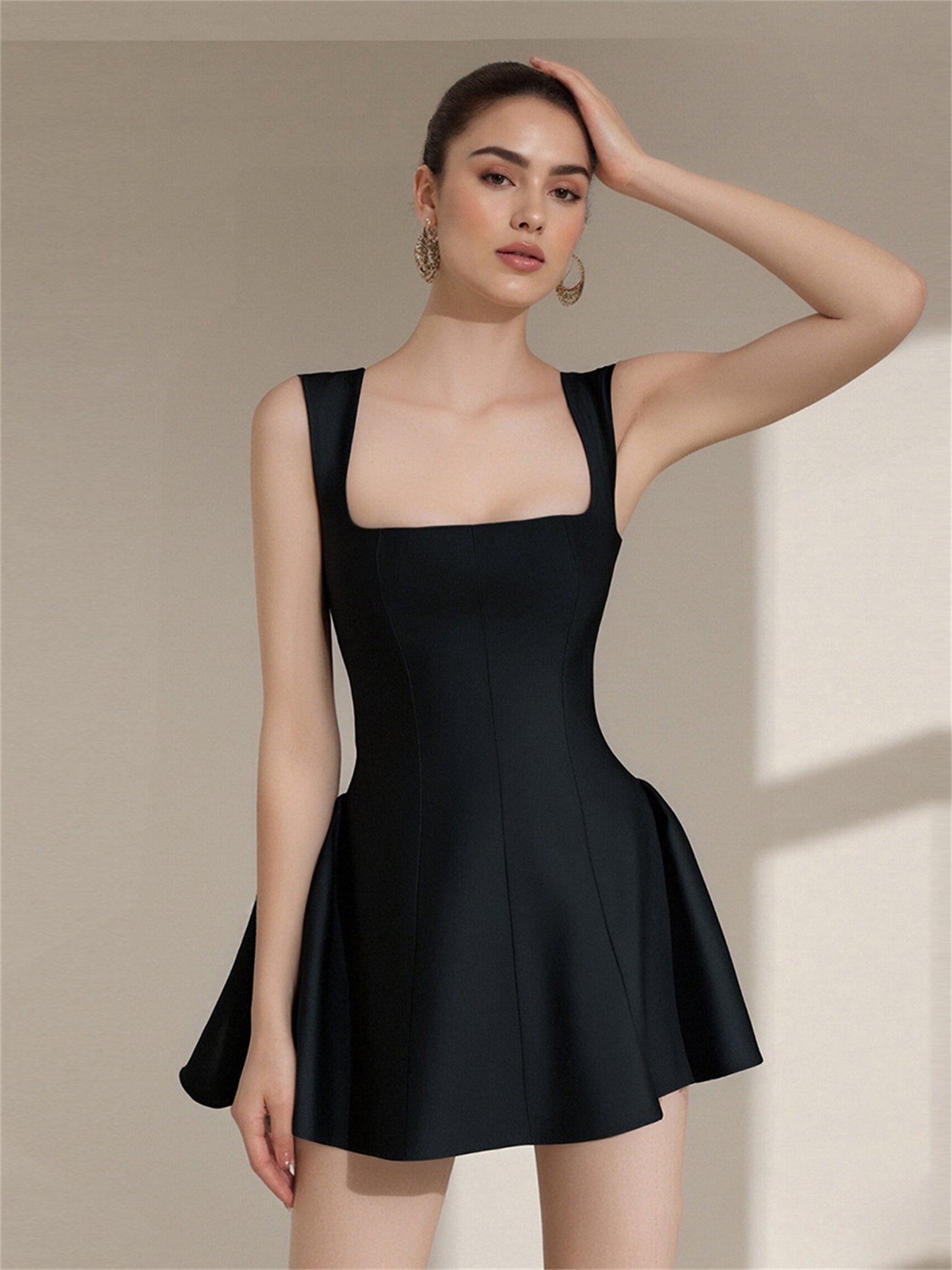 Women'S Sleeveless Mini A-Line Dress Square Neck Backless Zipper Back Ruffle Hem Elegant Solid Color Dress for Cocktail Party Wedding