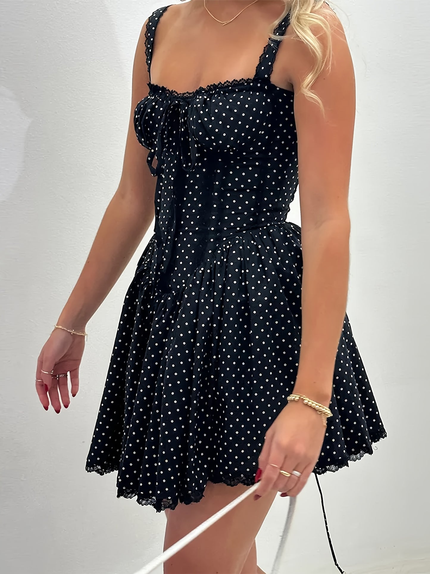 Women Spaghetti Strap Corset Dress Summer Dot Print A-Line Mini Party Dress for Cocktail Beach Streetwear