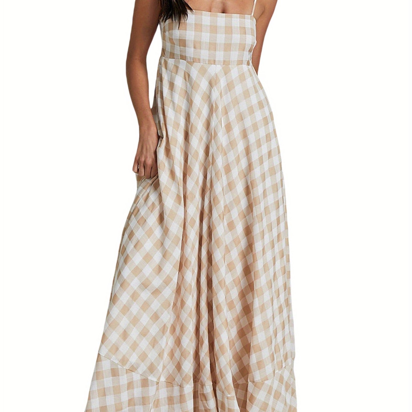 1pc Boho Chic Women'S Summer Maxi Dress - Plaid A-Line Sundress with Off the Shoulder Spaghetti Straps, Casual Polyester Knit Fabric, Flowy Swing Dress for Adults