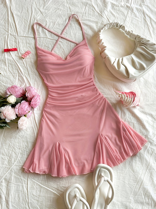 Women'S Pink Halter Neck Mini Dress with Ruched Detail - Sexy Backless Design, Sleeveless Bodycon Dress for Vacation or Casual Outings, Vacation Attire | Ruched Mini Dress | Sleeveless Fashion, Cute Dresses