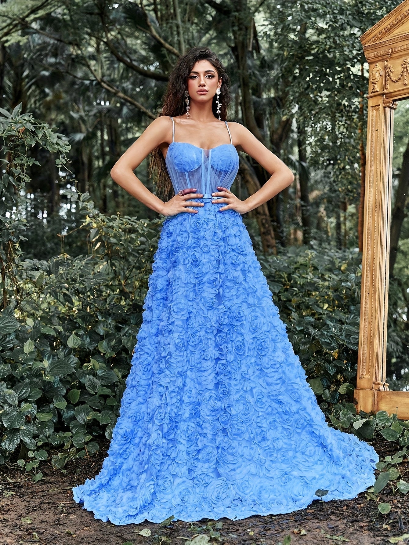Elegant Blue Floral Maxi Dress with Spaghetti Straps and Lace Detailing - Sleeveless, V-Neck, Flowing Design for Women, Perfect for Weddings and Formal Events, Formal Event Dress | Sleeveless Gown | Lace Detailing, Floral Print Dress