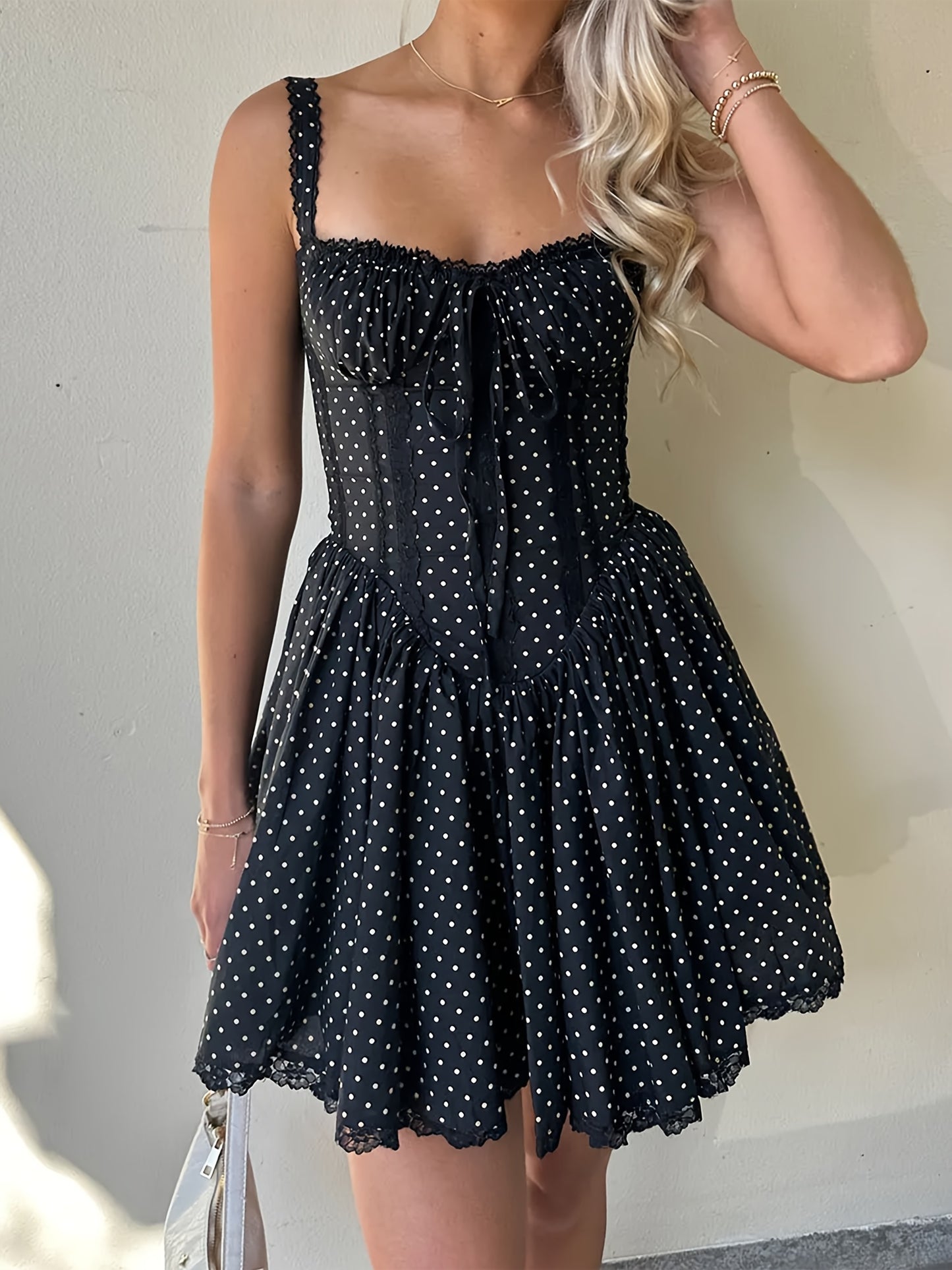 Women Spaghetti Strap Corset Dress Summer Dot Print A-Line Mini Party Dress for Cocktail Beach Streetwear