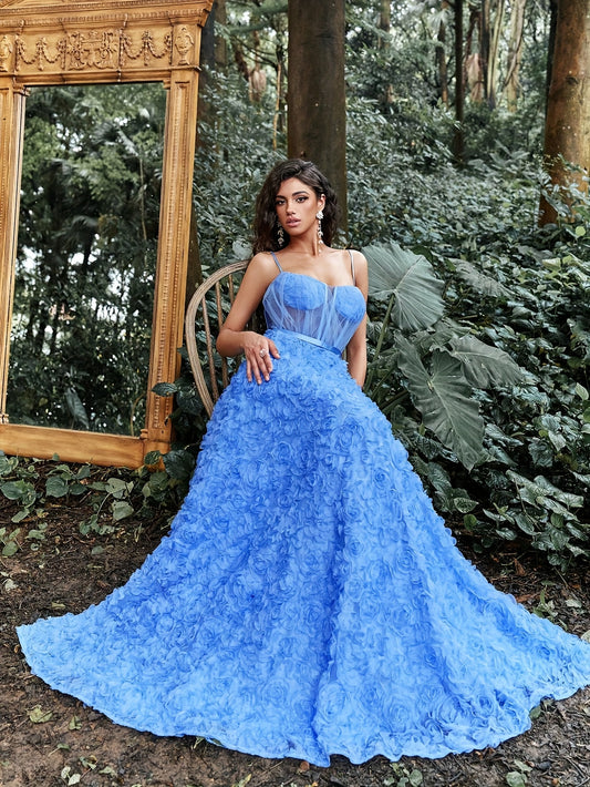 Elegant Blue Floral Maxi Dress with Spaghetti Straps and Lace Detailing - Sleeveless, V-Neck, Flowing Design for Women, Perfect for Weddings and Formal Events, Formal Event Dress | Sleeveless Gown | Lace Detailing, Floral Print Dress