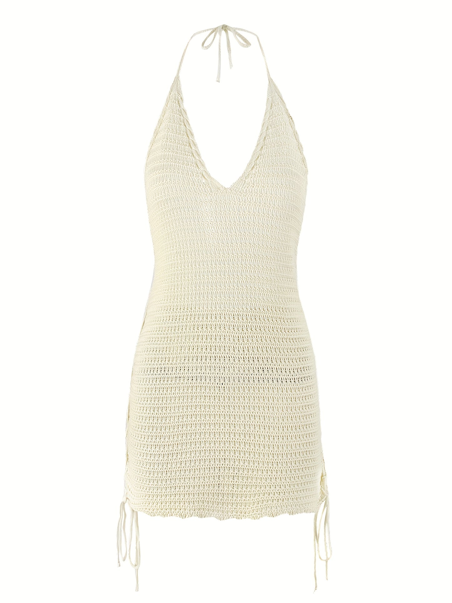 Women'S Elegant Knit Halter Deep V-Neck Mini Dress - Beige, Sleeveless, Side Cross Straps, Polyester, Perfect for Beach Vacation, Beach Vacation Dress | Elegant Mini Dress | Knit Fabric Dress
