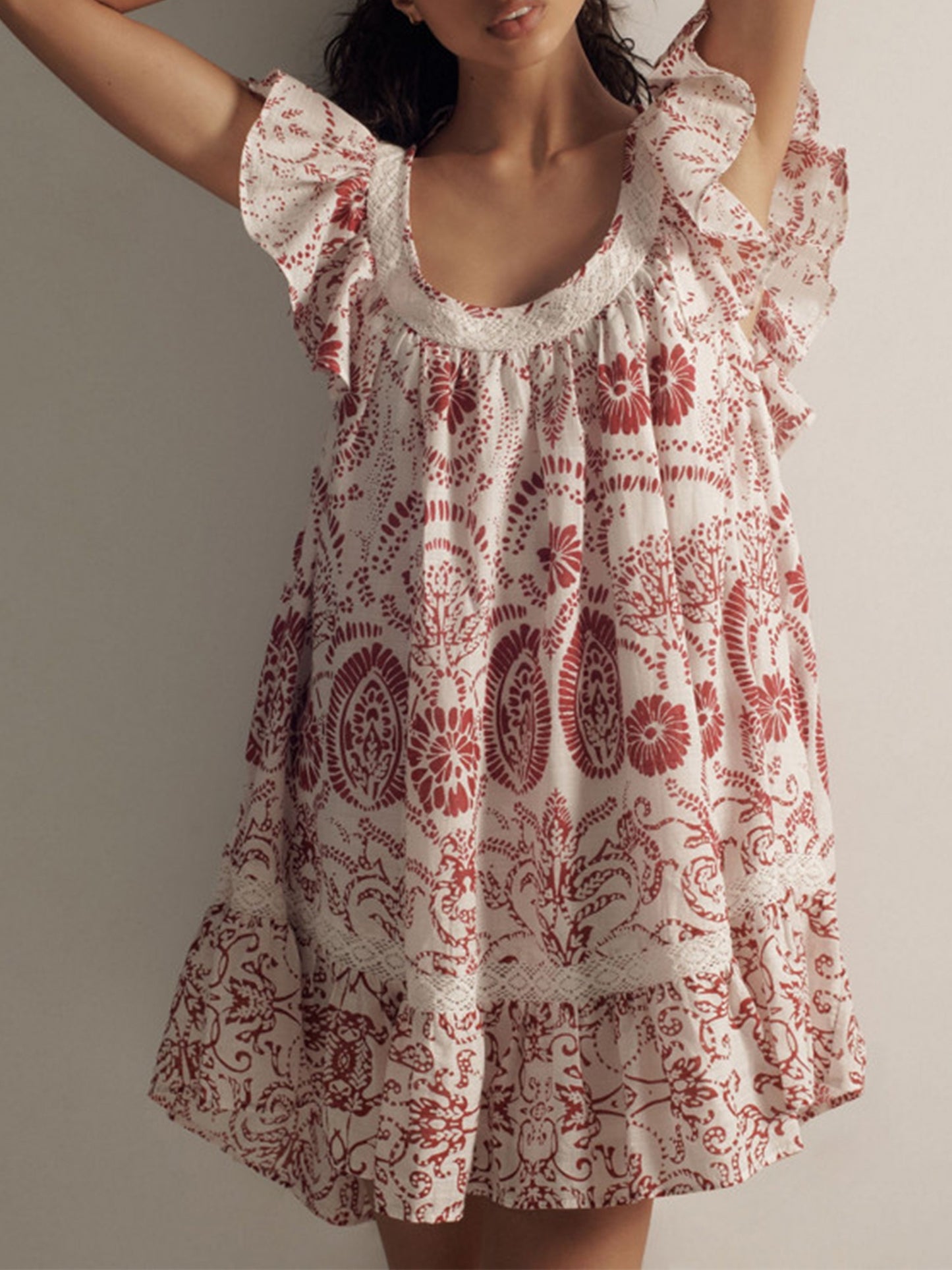 Women'S Floral Mini Dress Flutter Cap Sleeve Square Neck Babydoll Dress Bohemian Short Dress